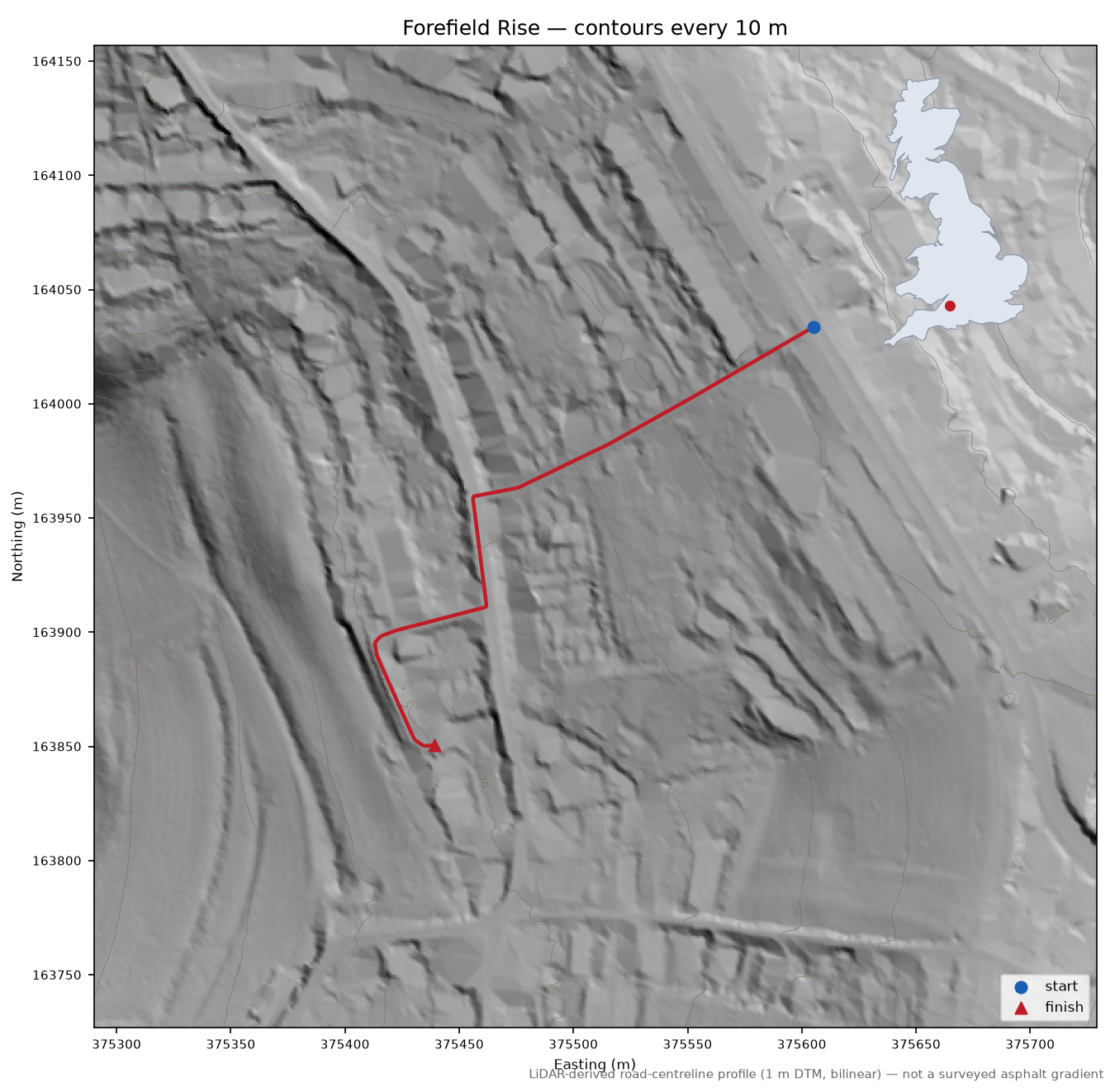 Forefield Rise LiDAR hillshade map with contours