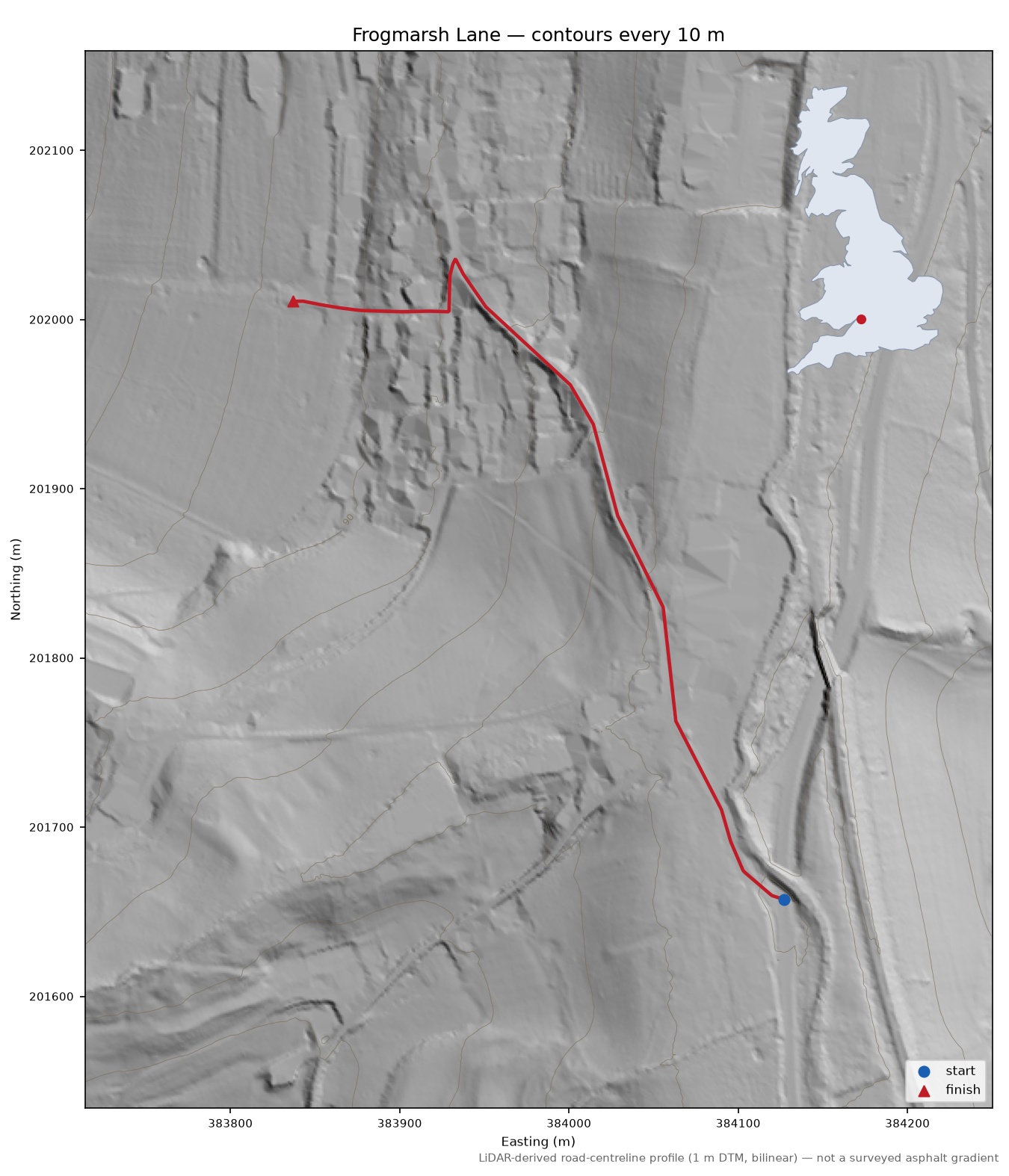 Frogmarsh Lane LiDAR hillshade map with contours