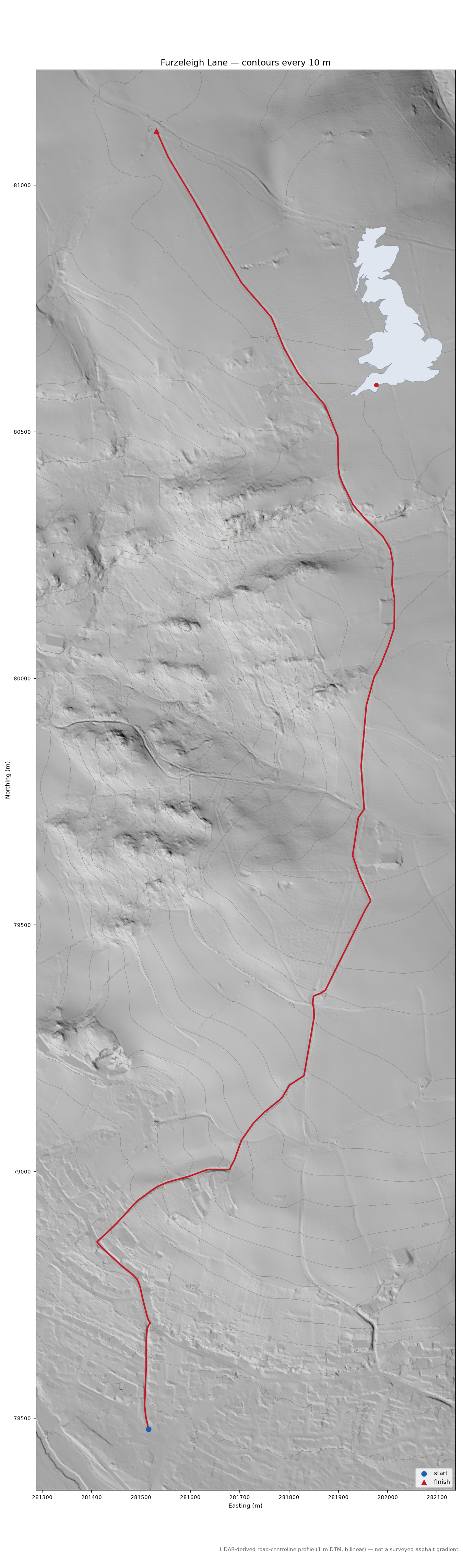 Furzeleigh Lane LiDAR hillshade map with contours