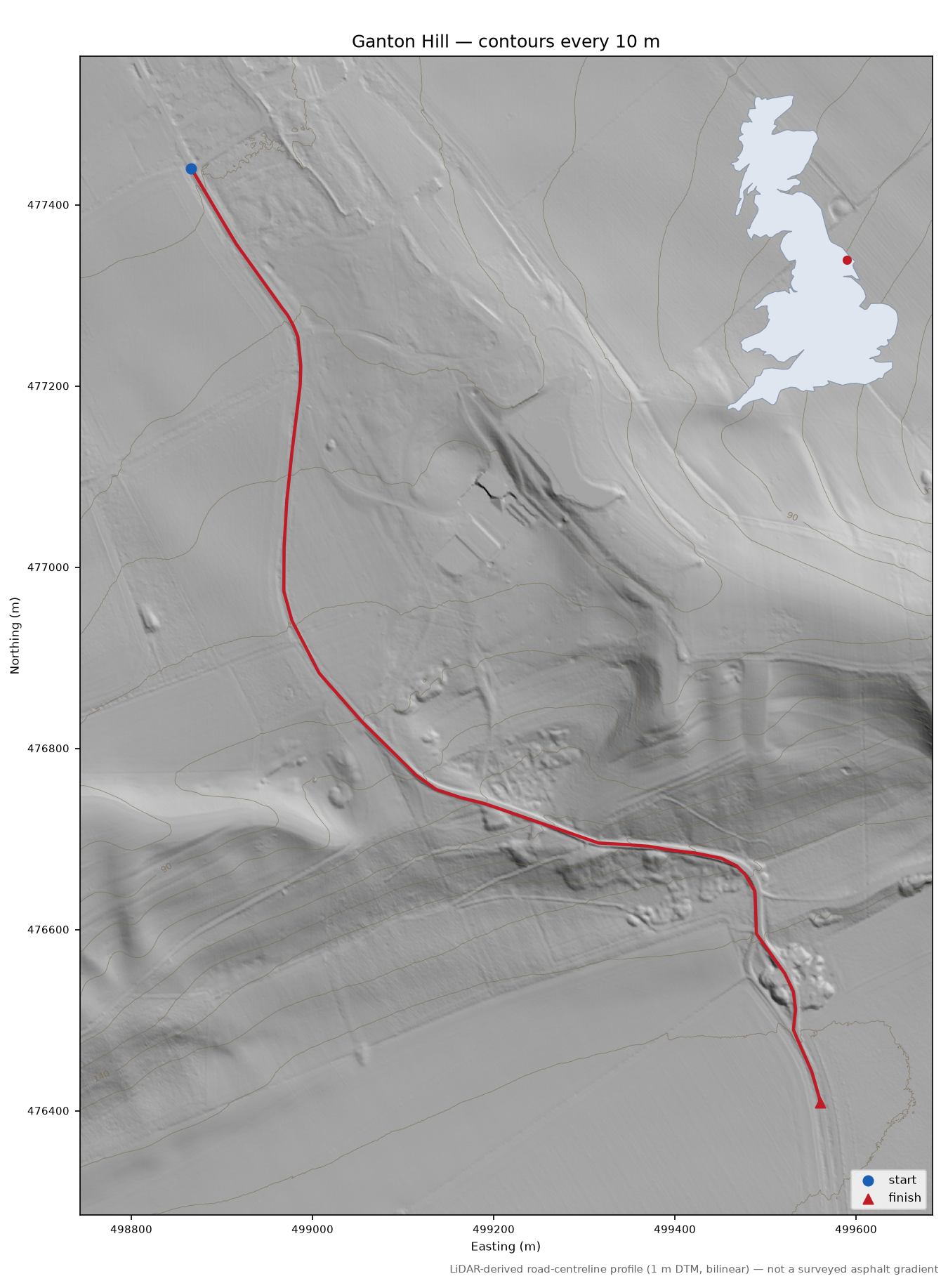 Ganton Hill LiDAR hillshade map with contours