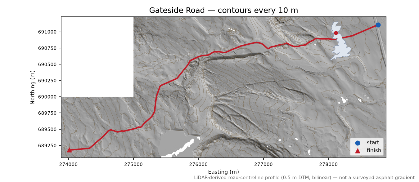 Gateside Road LiDAR hillshade map with contours