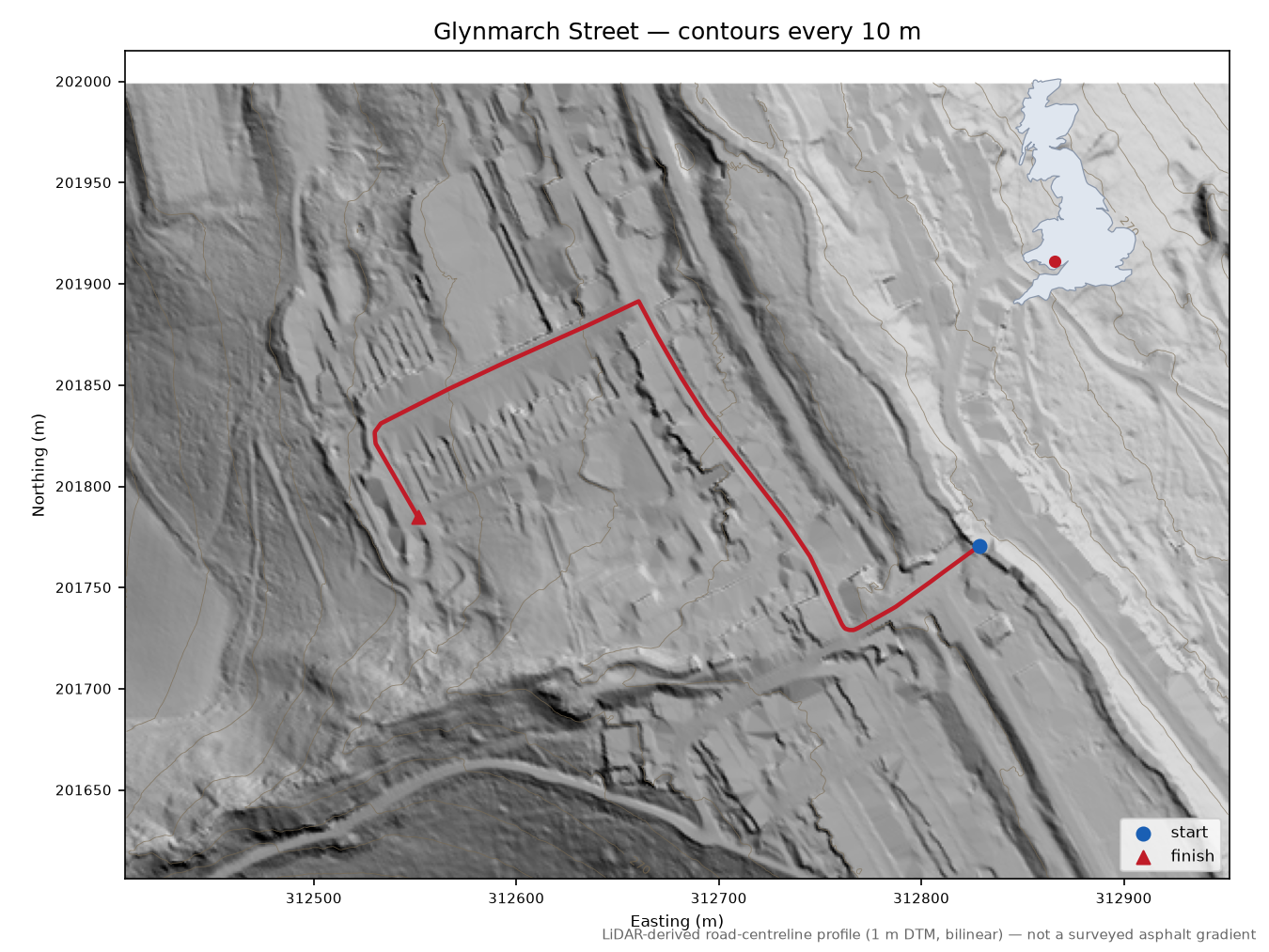 Glynmarch Street LiDAR hillshade map with contours