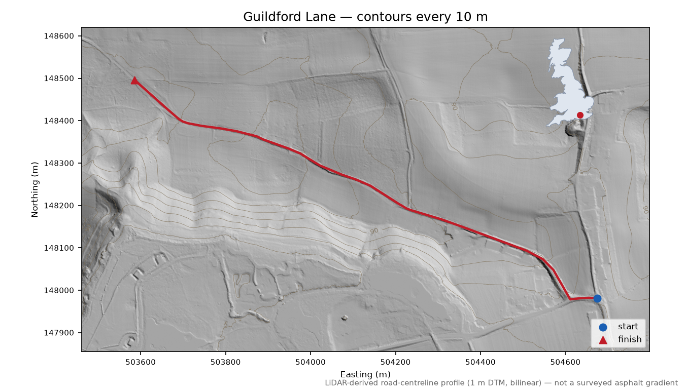 Guildford Lane LiDAR hillshade map with contours