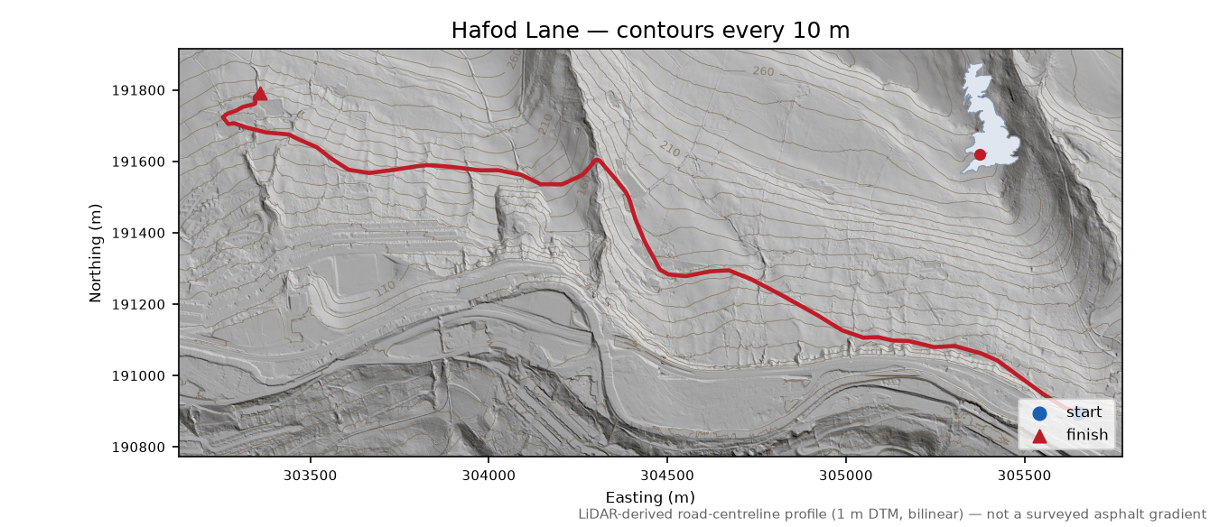 Hafod Lane LiDAR hillshade map with contours