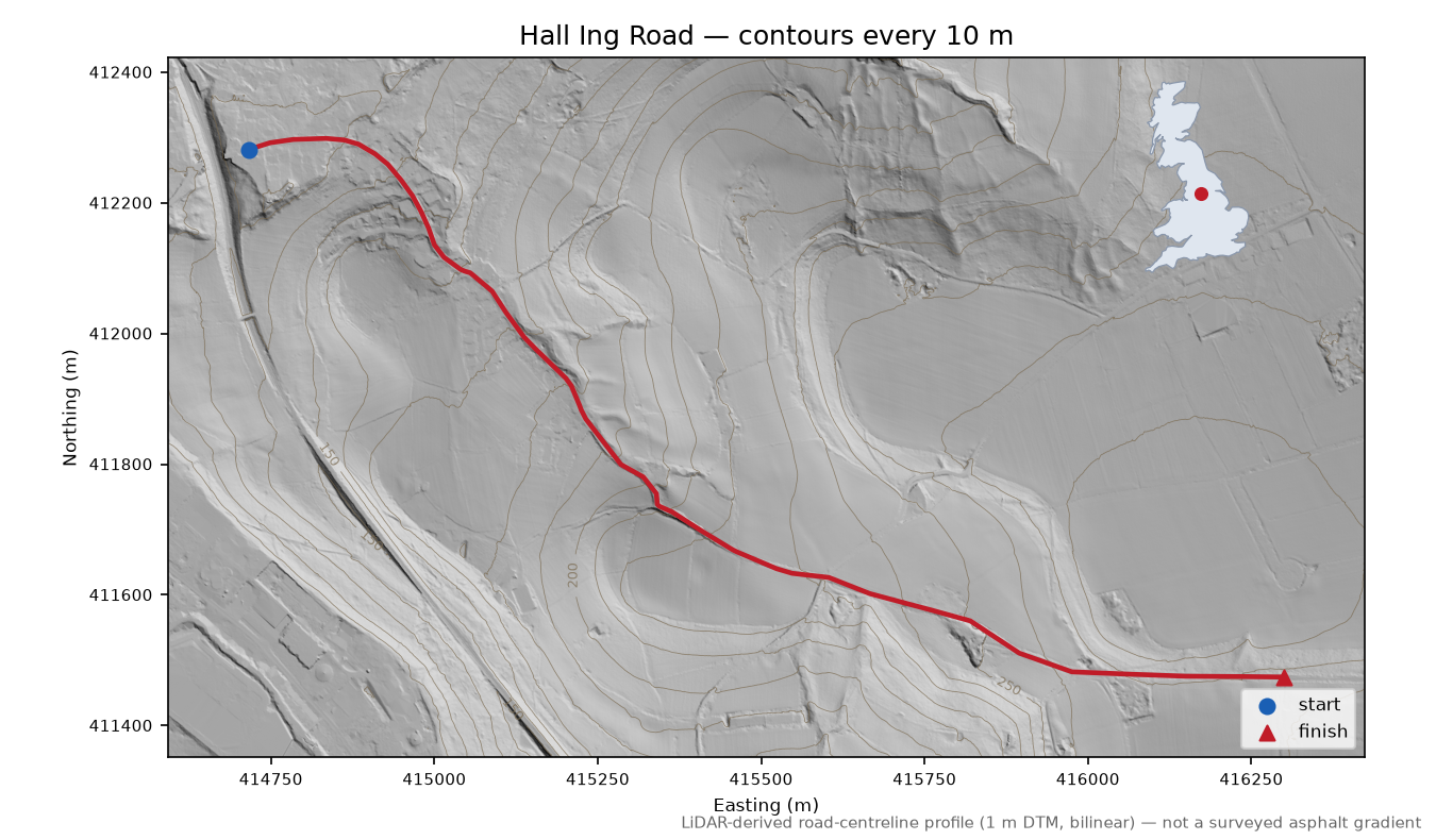 Hall Ing Road LiDAR hillshade map with contours