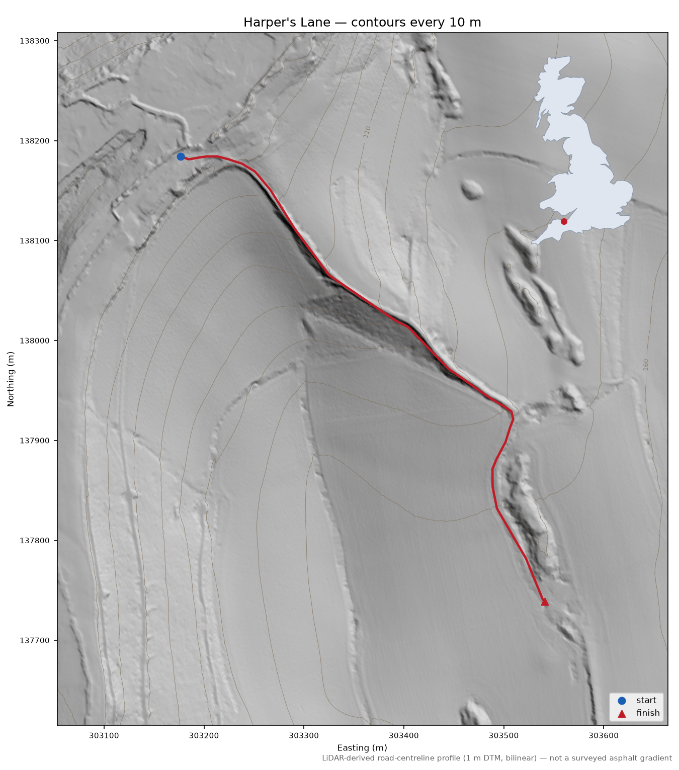Harper's Lane LiDAR hillshade map with contours