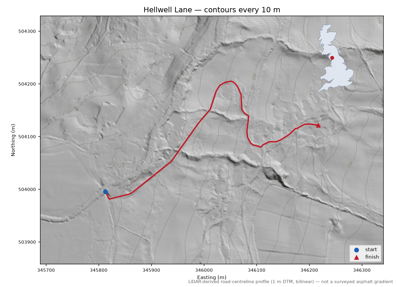 Hellwell Lane LiDAR hillshade map with contours