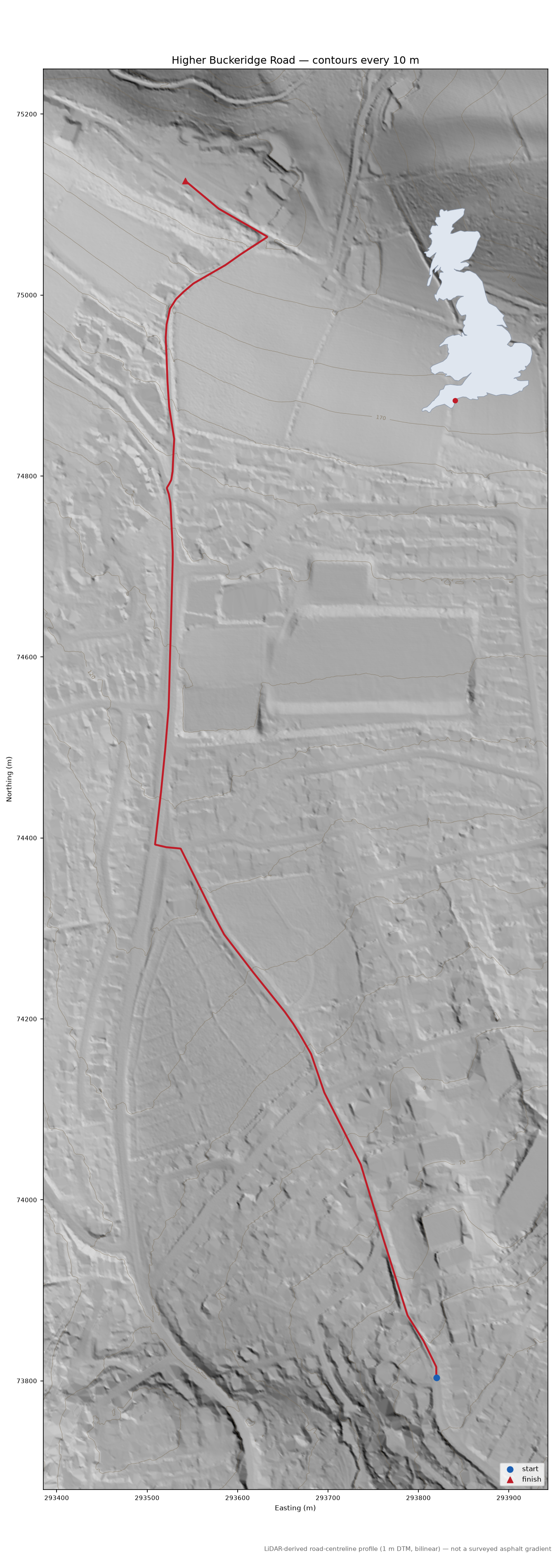 Higher Buckeridge Road LiDAR hillshade map with contours