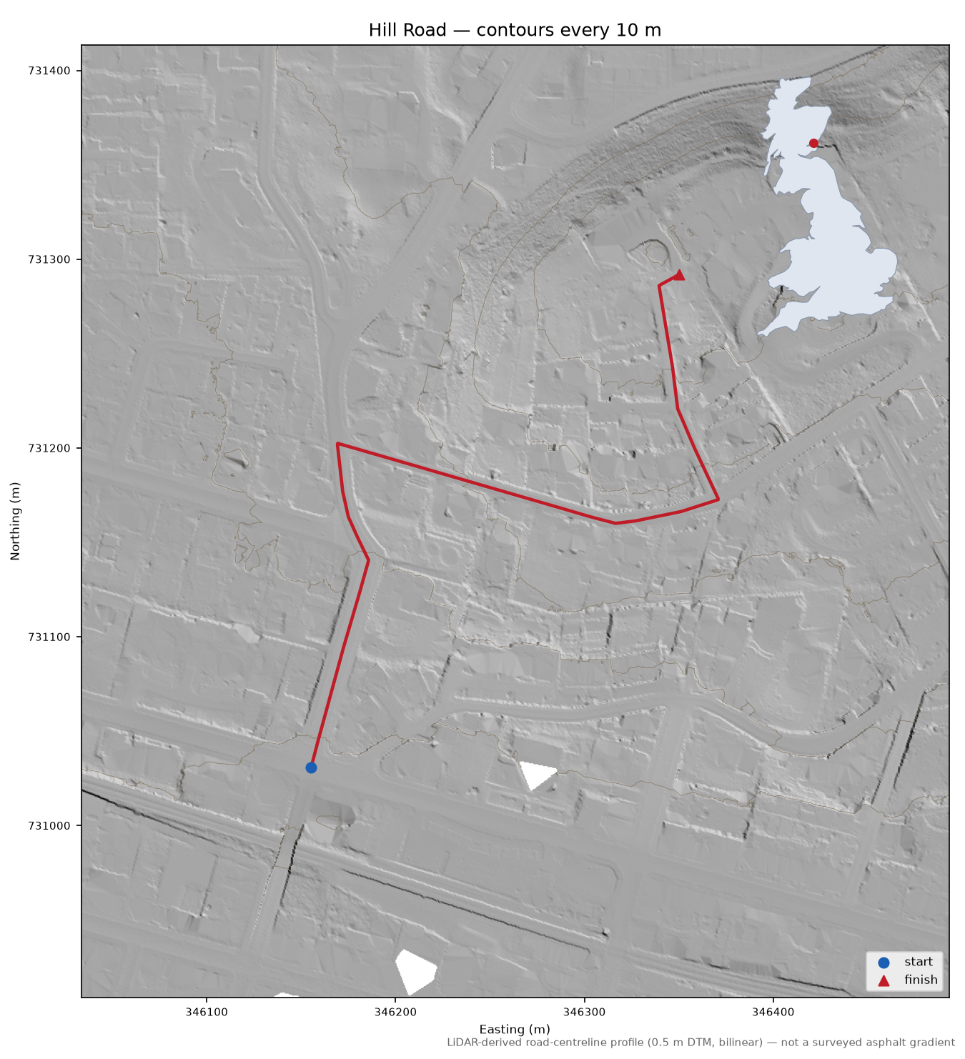 Hill Road LiDAR hillshade map with contours