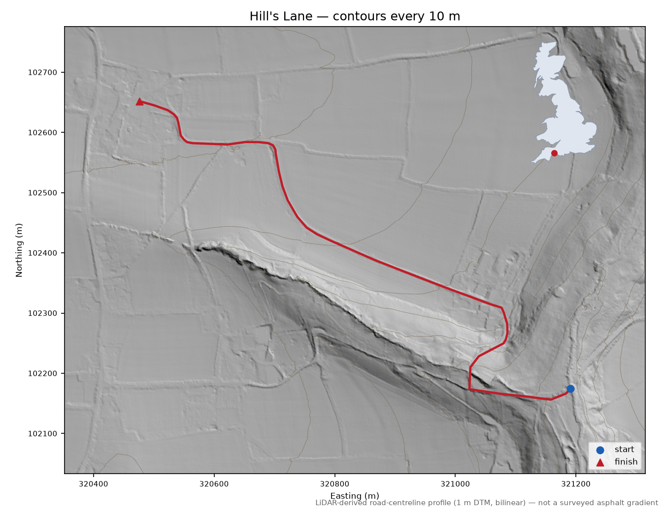 Hill's Lane LiDAR hillshade map with contours