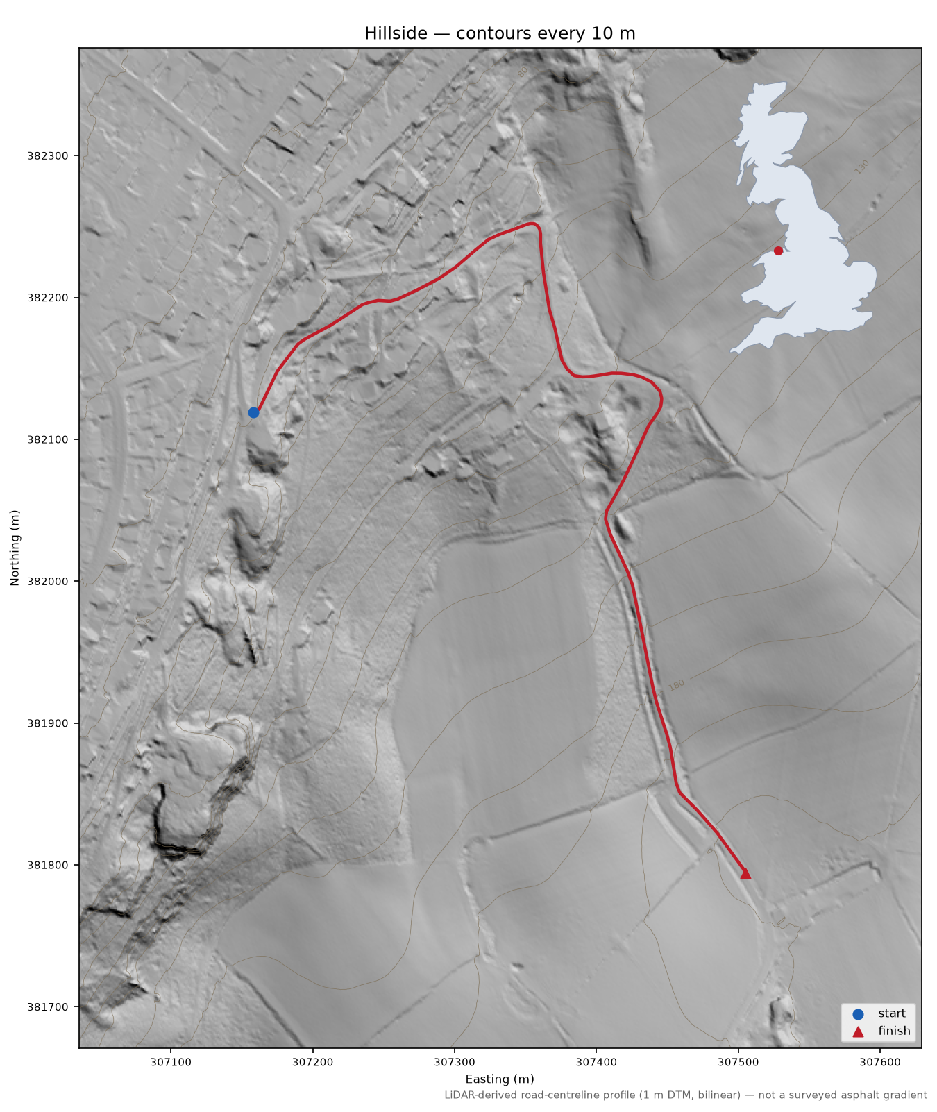 Hillside LiDAR hillshade map with contours