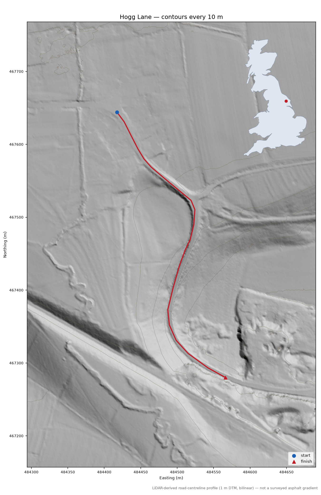 Hogg Lane LiDAR hillshade map with contours