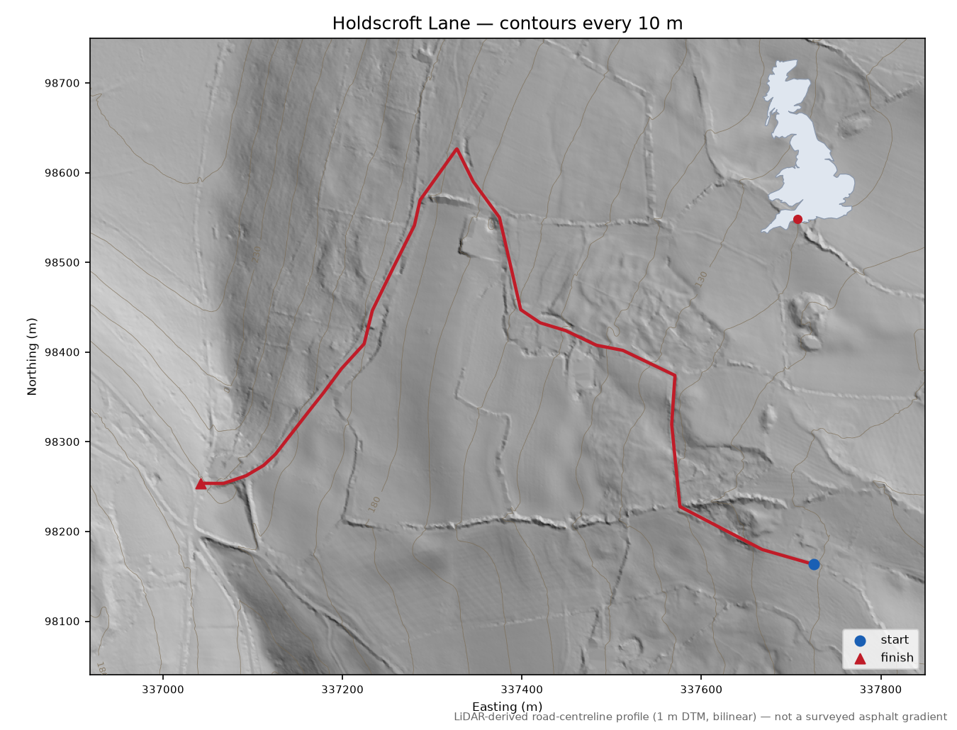 Holdscroft Lane LiDAR hillshade map with contours