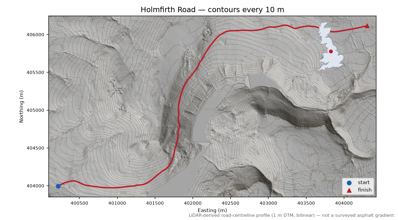 Holmfirth Road LiDAR hillshade map with contours