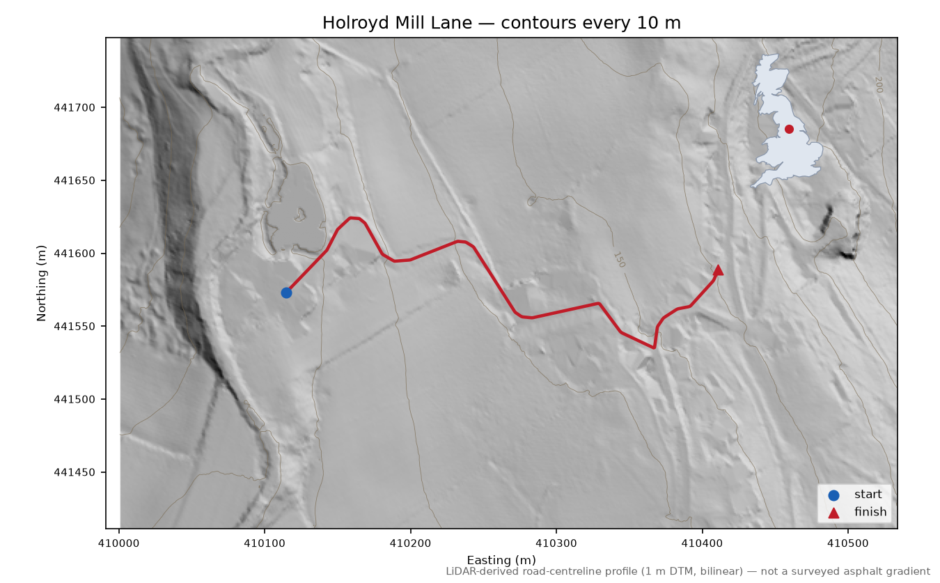 Holroyd Mill Lane LiDAR hillshade map with contours