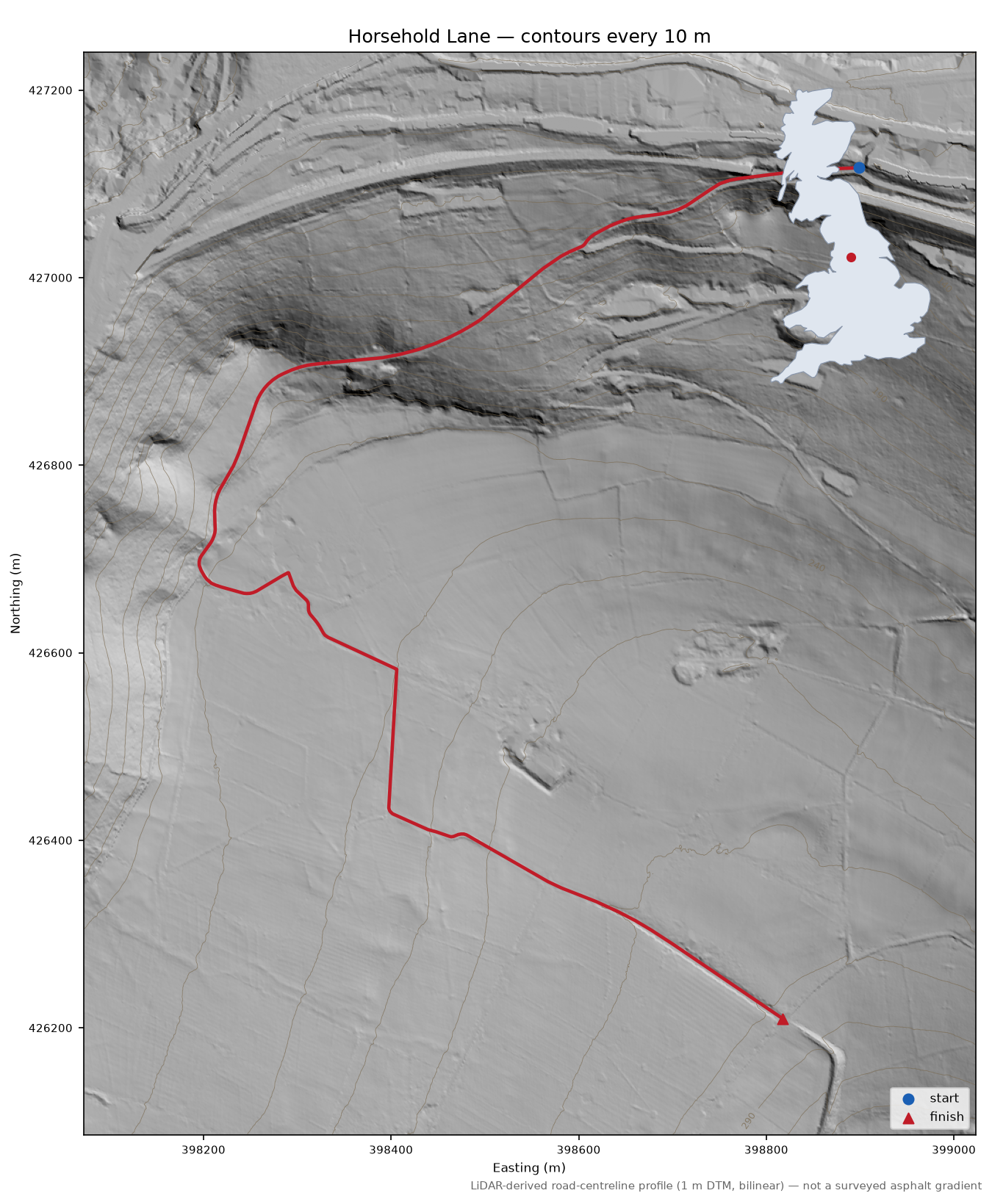 Horsehold Lane LiDAR hillshade map with contours