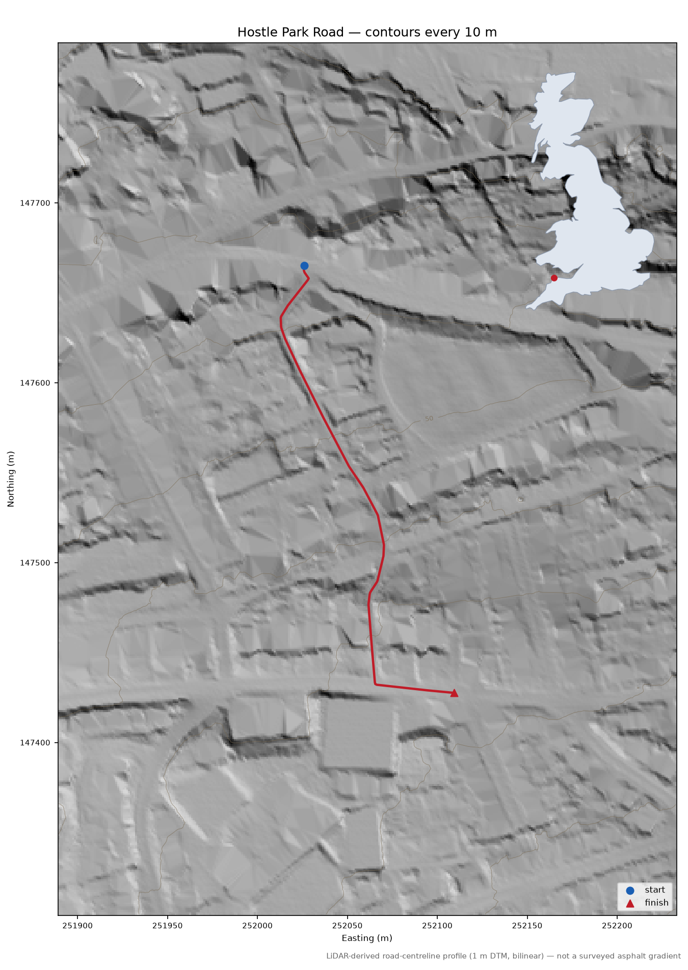 Hostle Park Road LiDAR hillshade map with contours