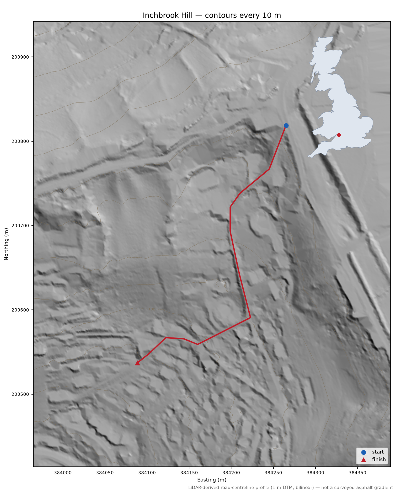 Inchbrook Hill LiDAR hillshade map with contours