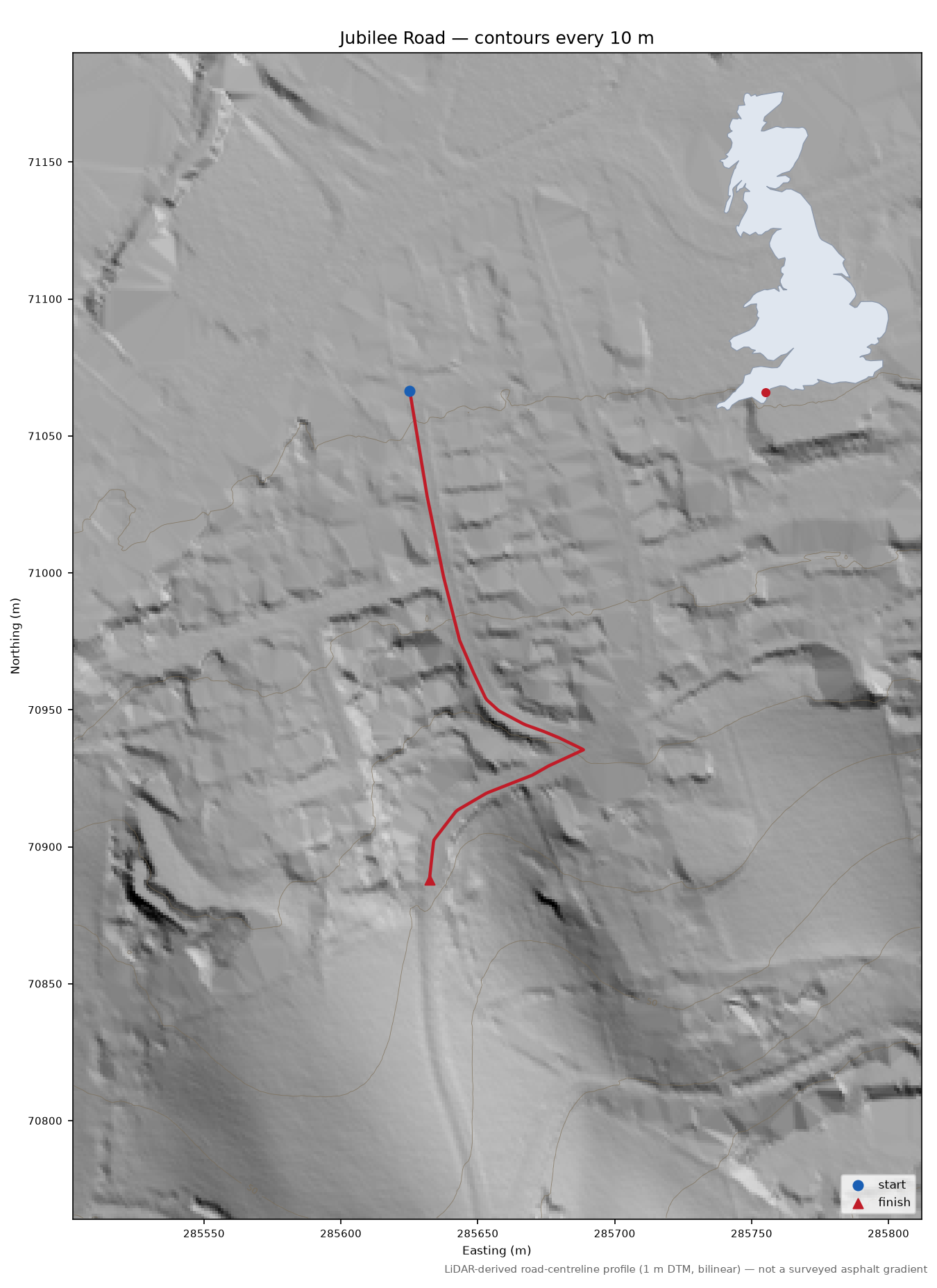 Jubilee Road LiDAR hillshade map with contours