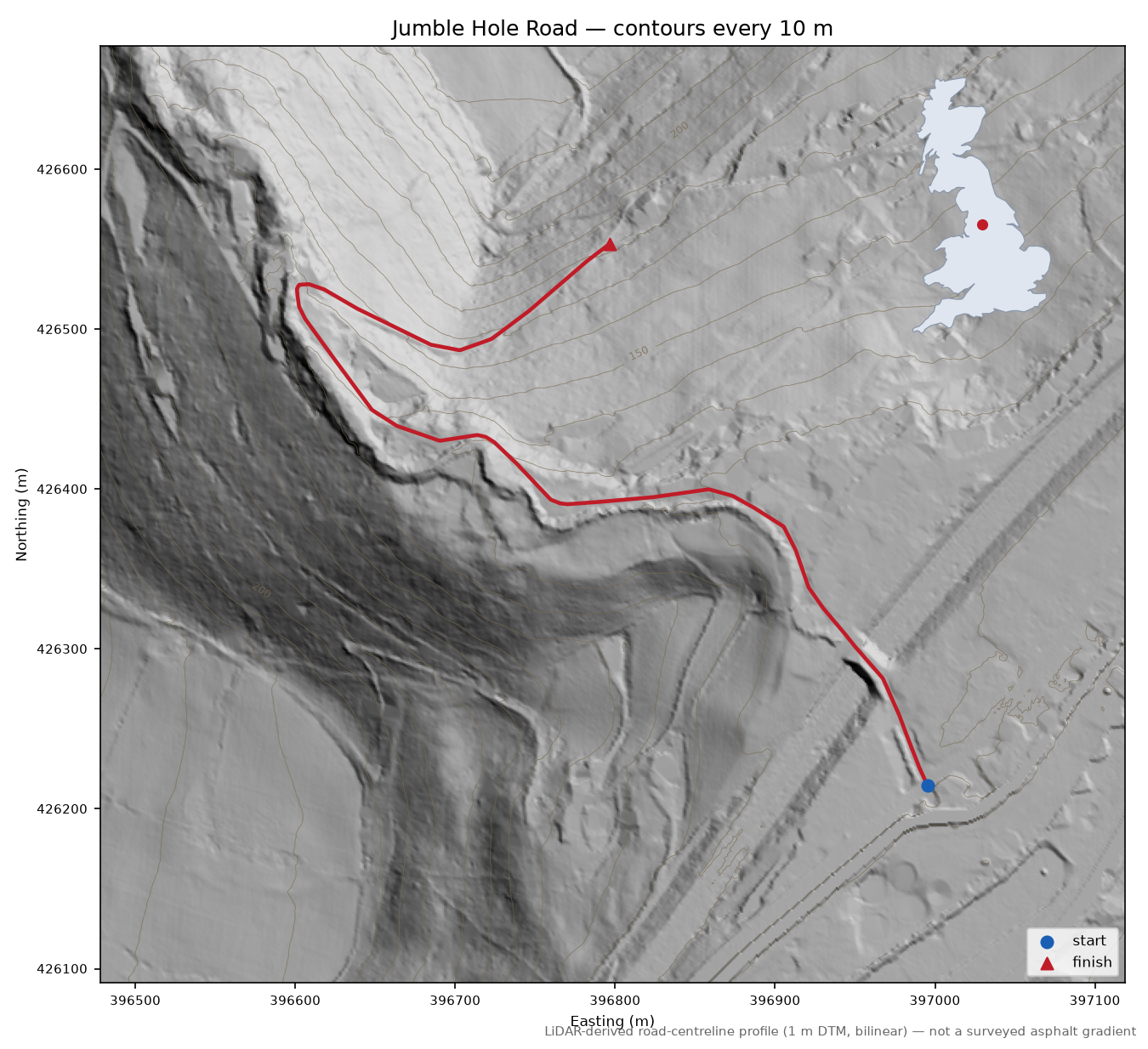 Jumble Hole Road LiDAR hillshade map with contours