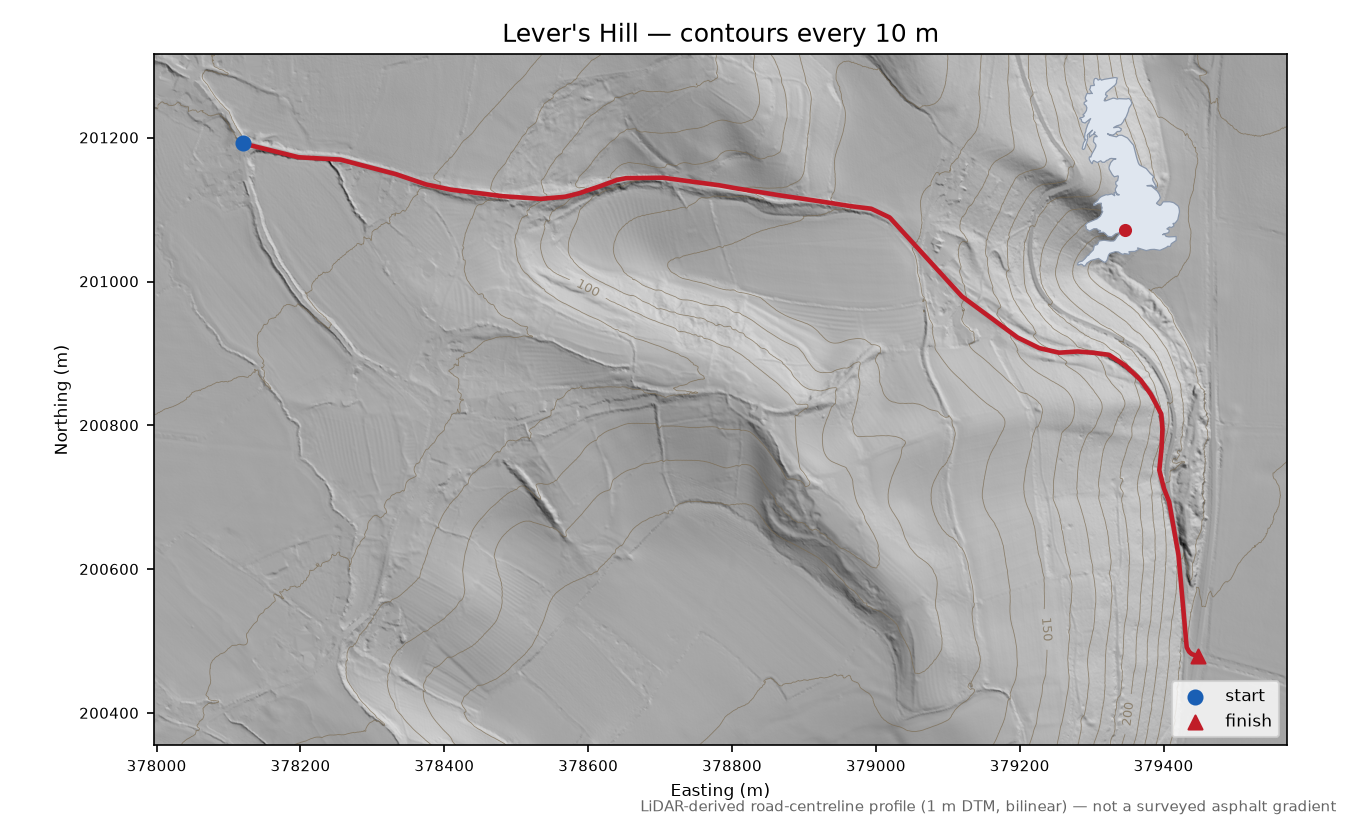 Lever's Hill LiDAR hillshade map with contours