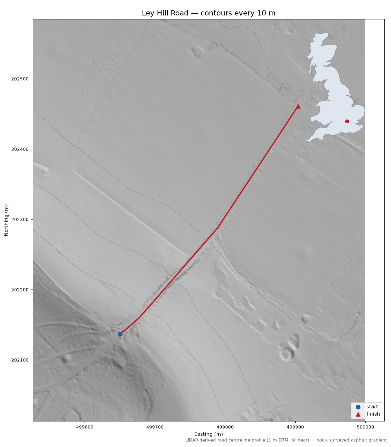 Ley Hill Road LiDAR hillshade map with contours