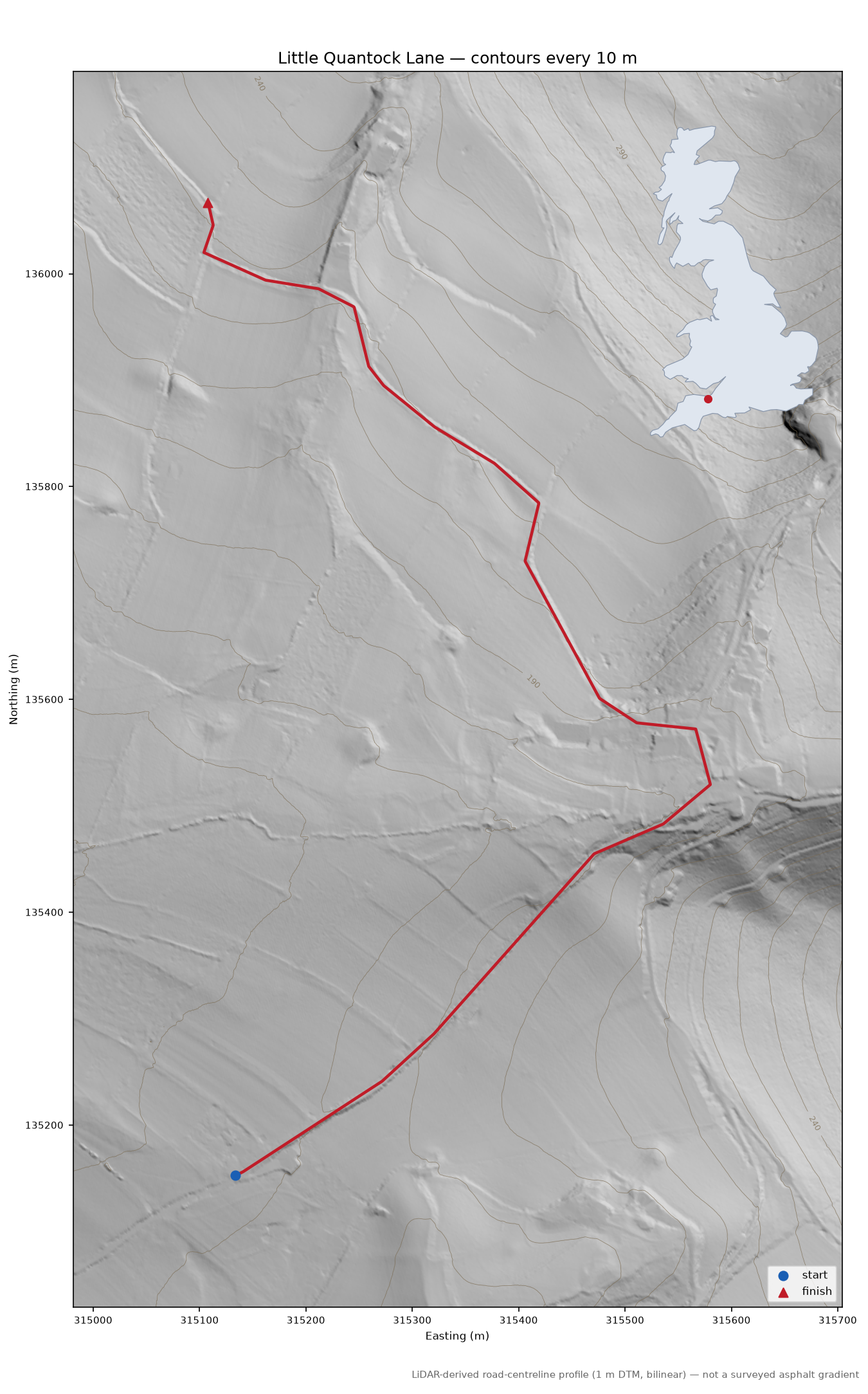Little Quantock Lane LiDAR hillshade map with contours