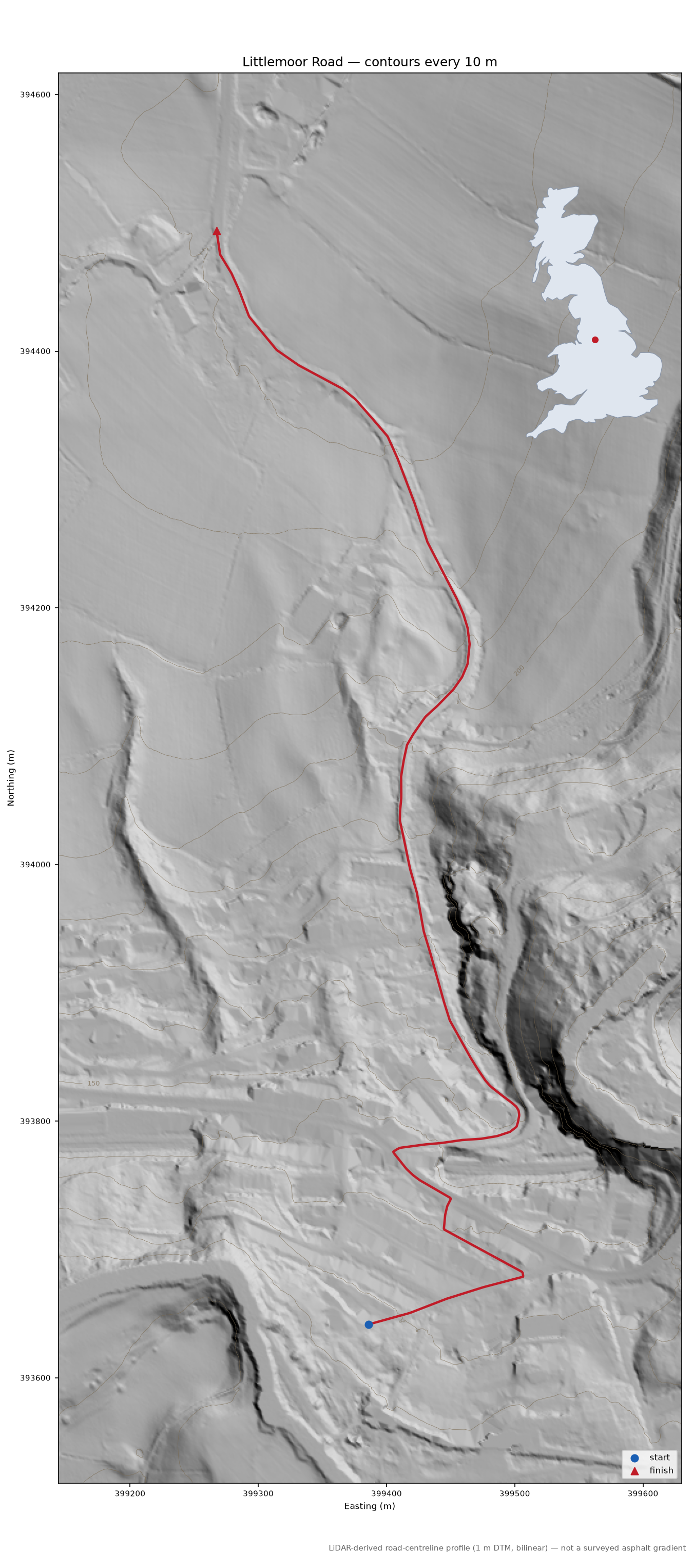 Littlemoor Road LiDAR hillshade map with contours