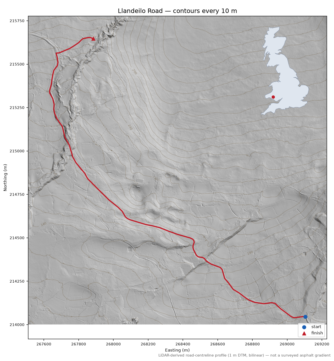 Llandeilo Road LiDAR hillshade map with contours