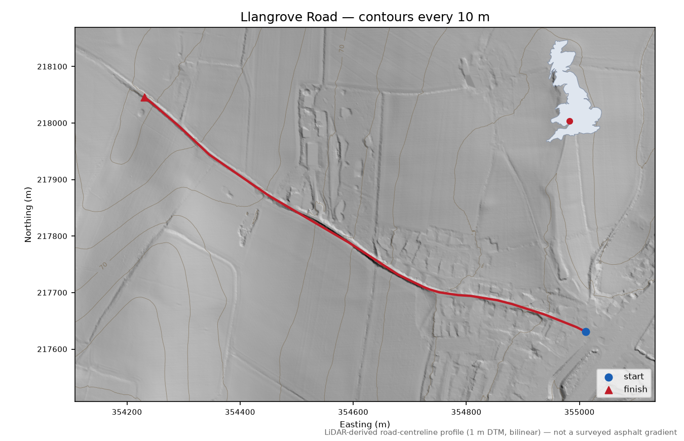 Llangrove Road LiDAR hillshade map with contours