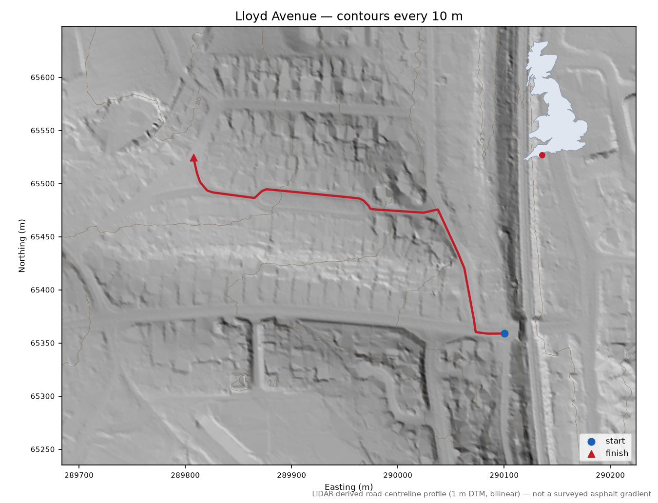 Lloyd Avenue LiDAR hillshade map with contours