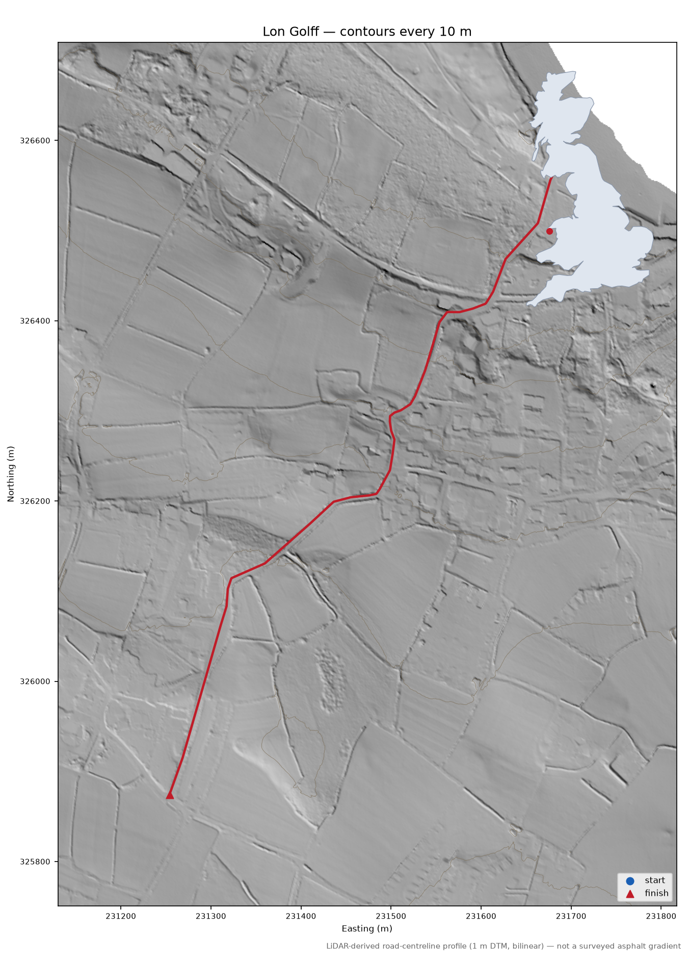 Lon Golff LiDAR hillshade map with contours