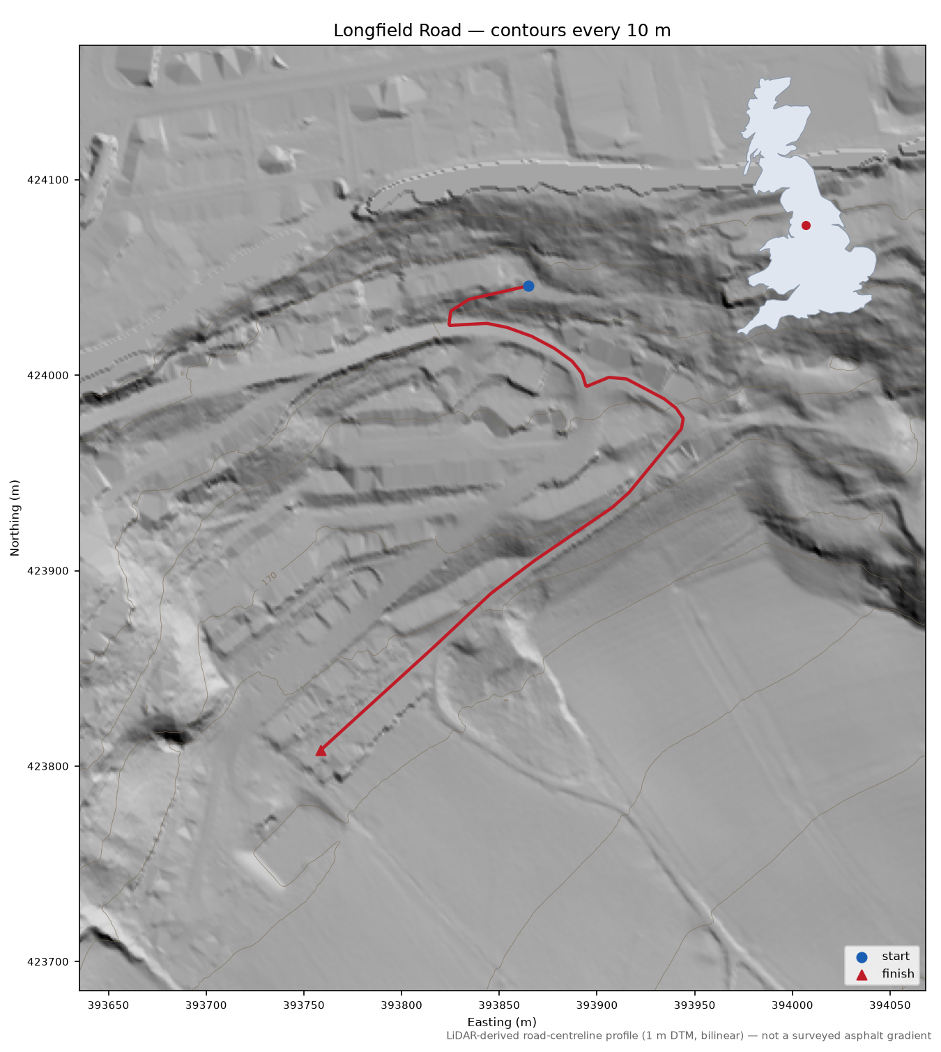 Longfield Road LiDAR hillshade map with contours