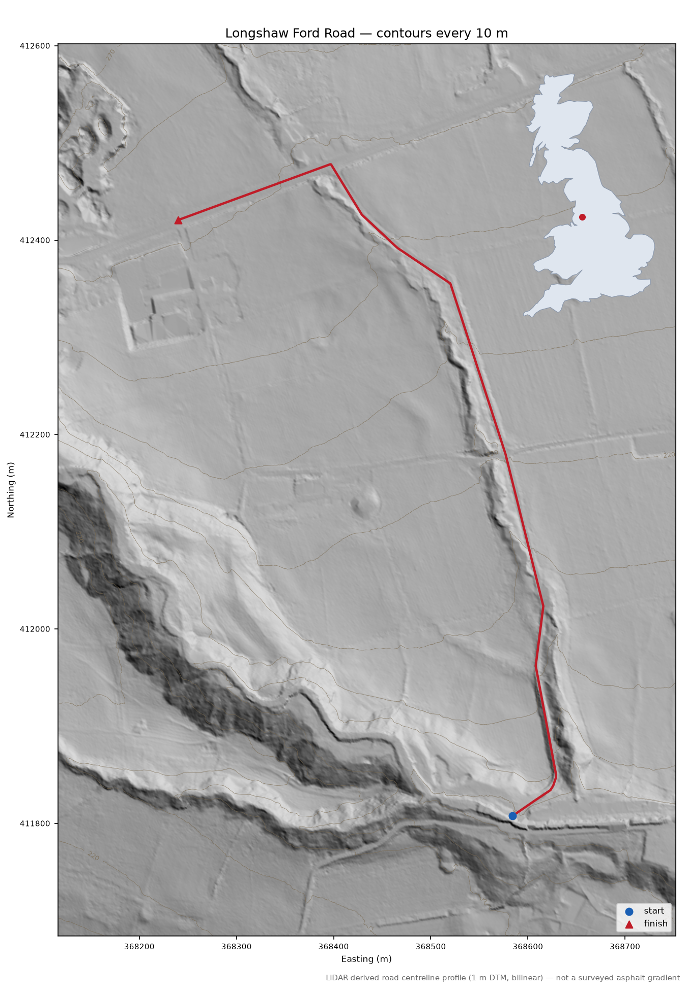 Longshaw Ford Road LiDAR hillshade map with contours
