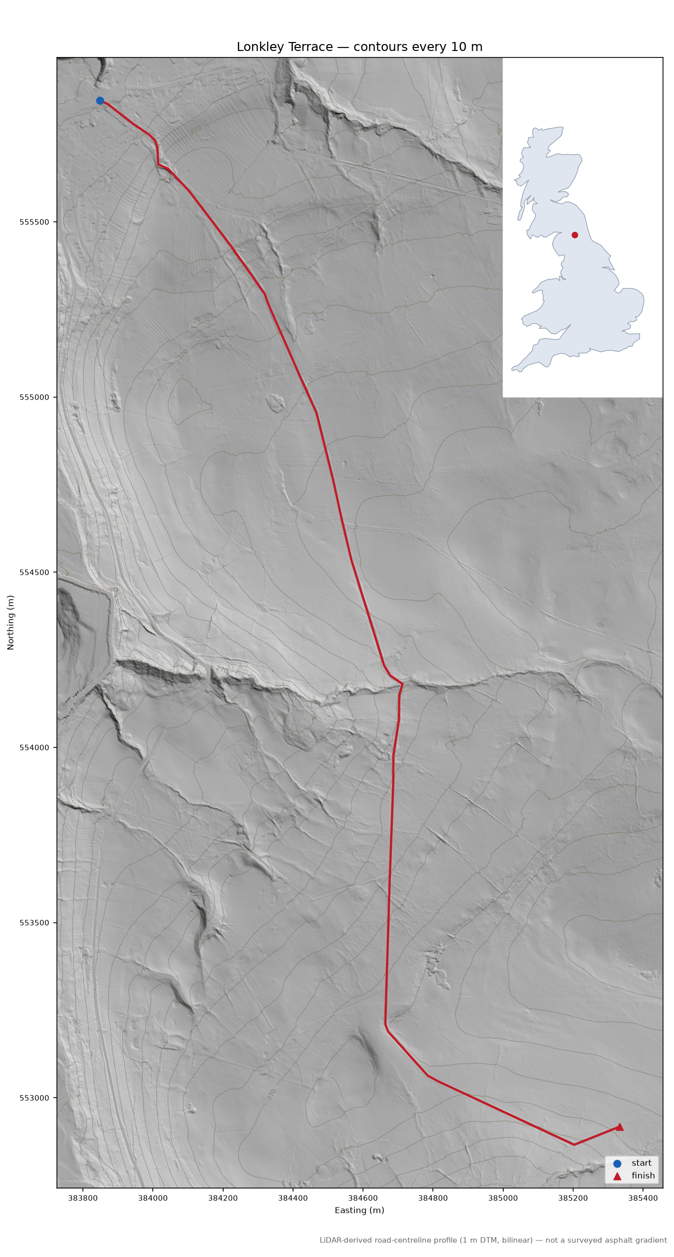 Lonkley Terrace LiDAR hillshade map with contours