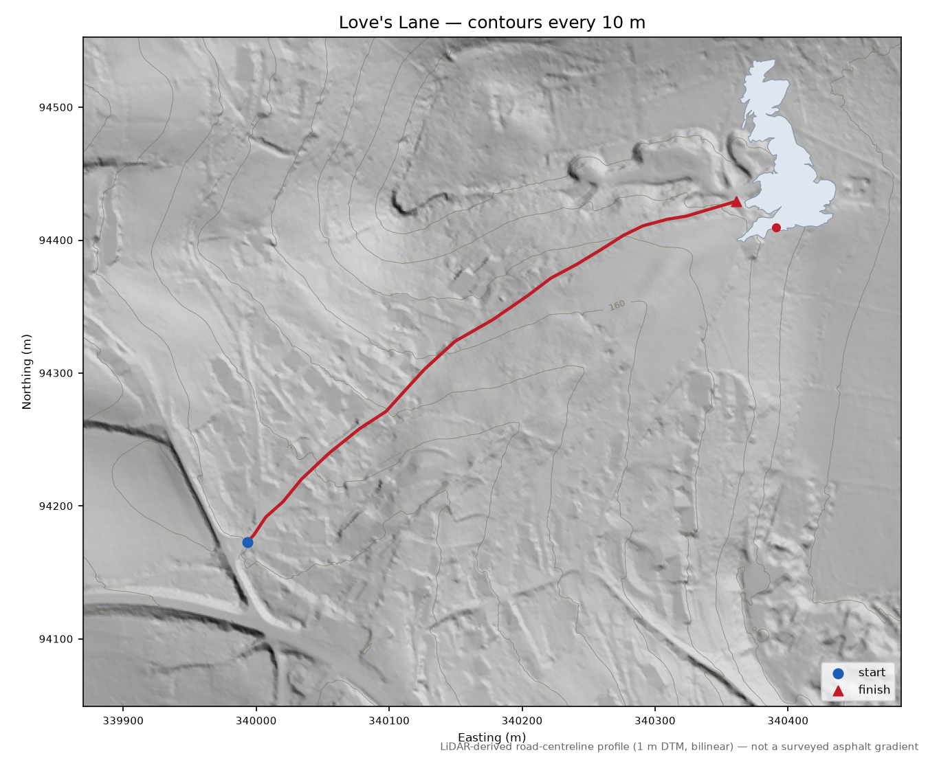 Love's Lane LiDAR hillshade map with contours