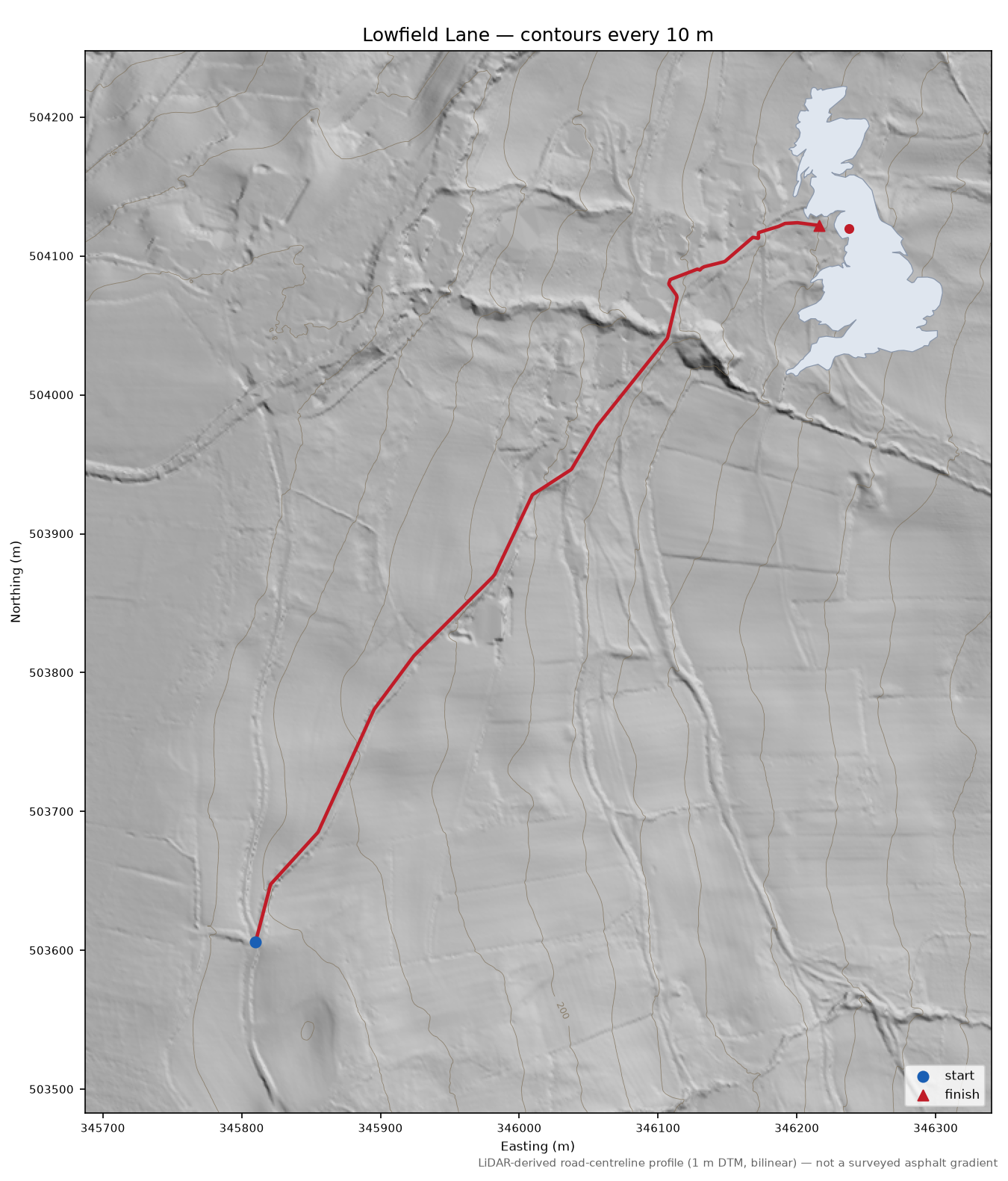 Lowfield Lane LiDAR hillshade map with contours