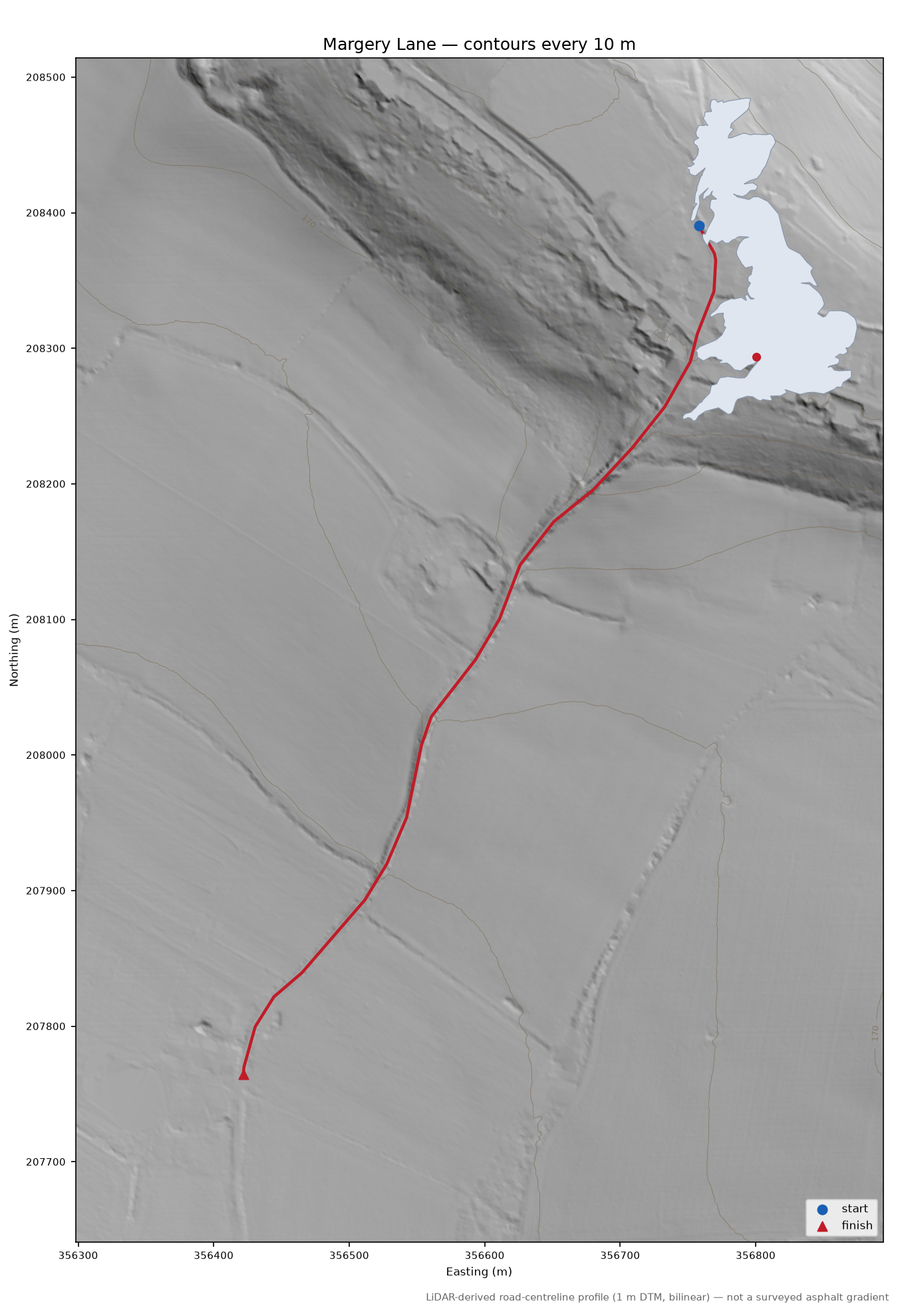 Margery Lane LiDAR hillshade map with contours