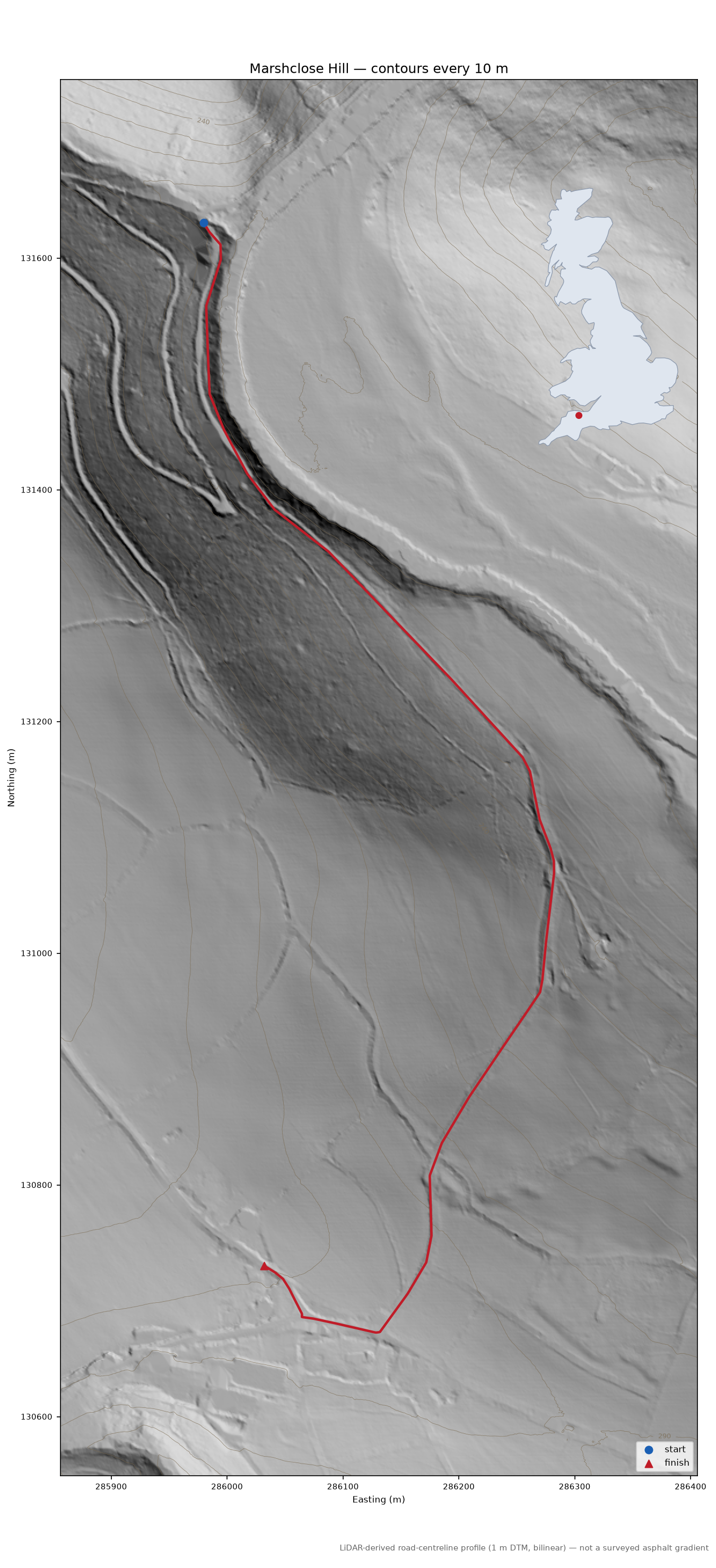 Marshclose Hill LiDAR hillshade map with contours