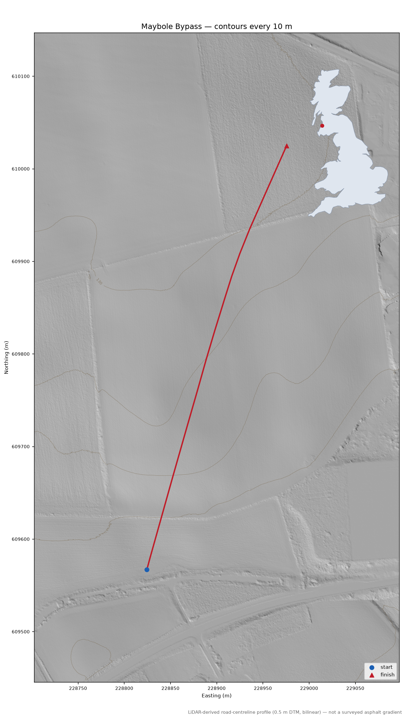 Maybole Bypass LiDAR hillshade map with contours