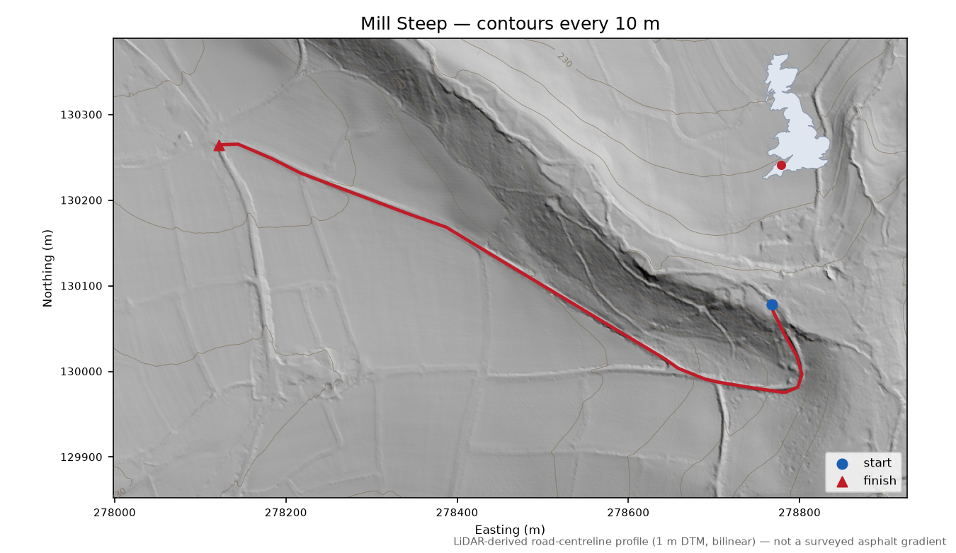 Mill Steep LiDAR hillshade map with contours