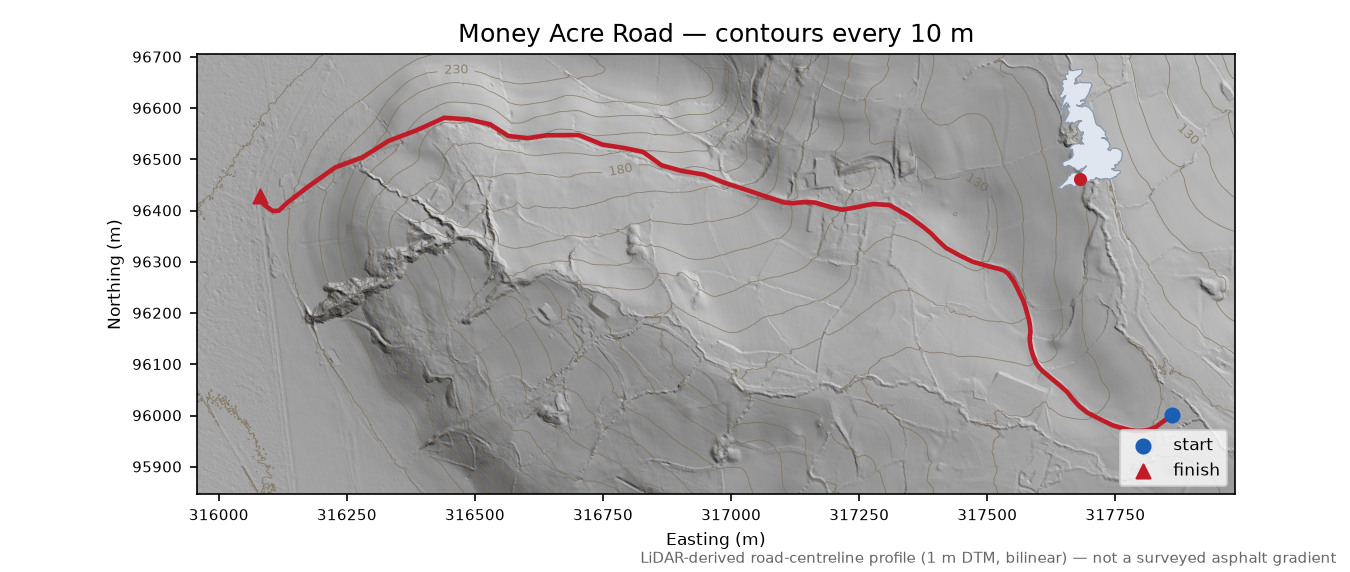 Money Acre Road LiDAR hillshade map with contours
