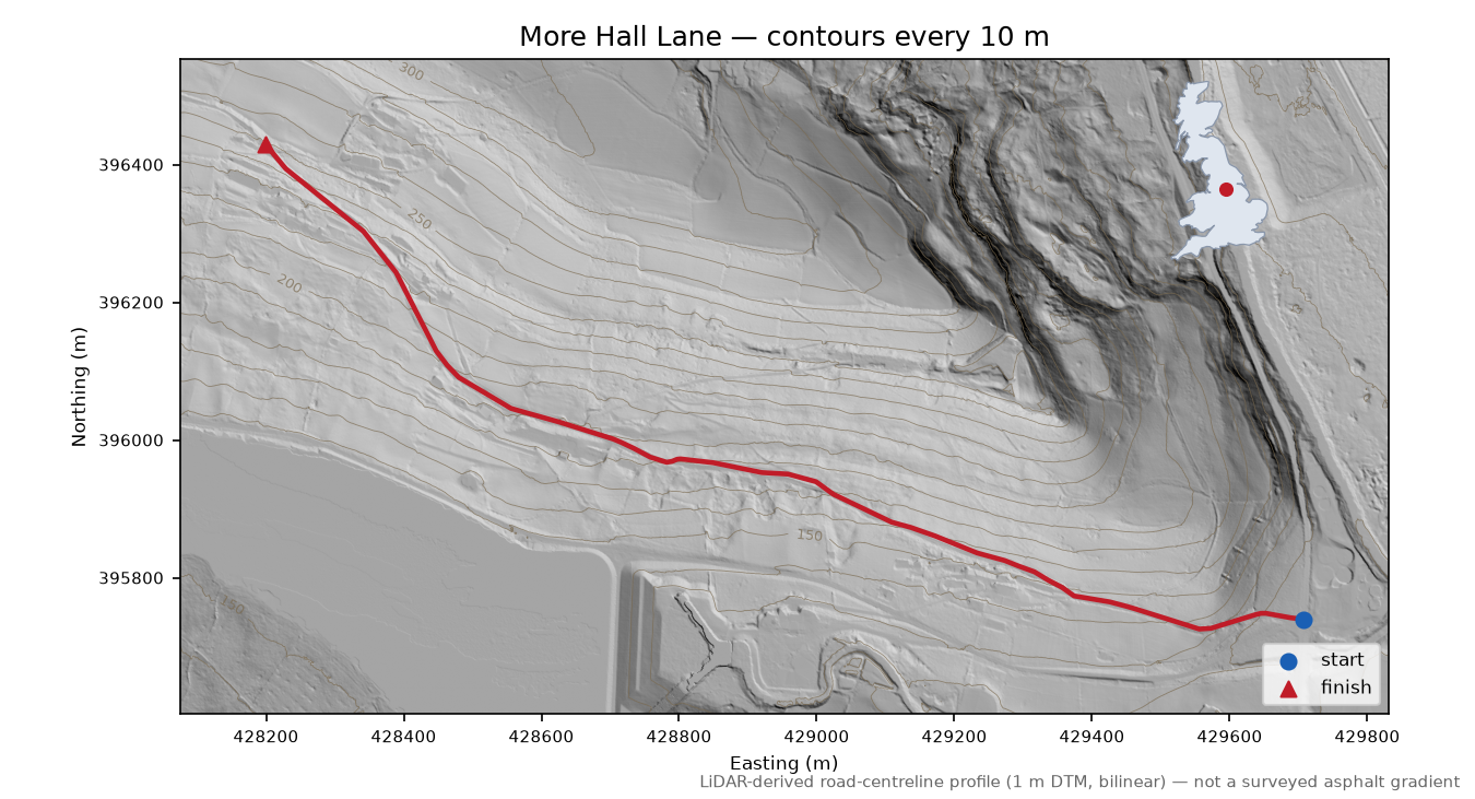 More Hall Lane LiDAR hillshade map with contours