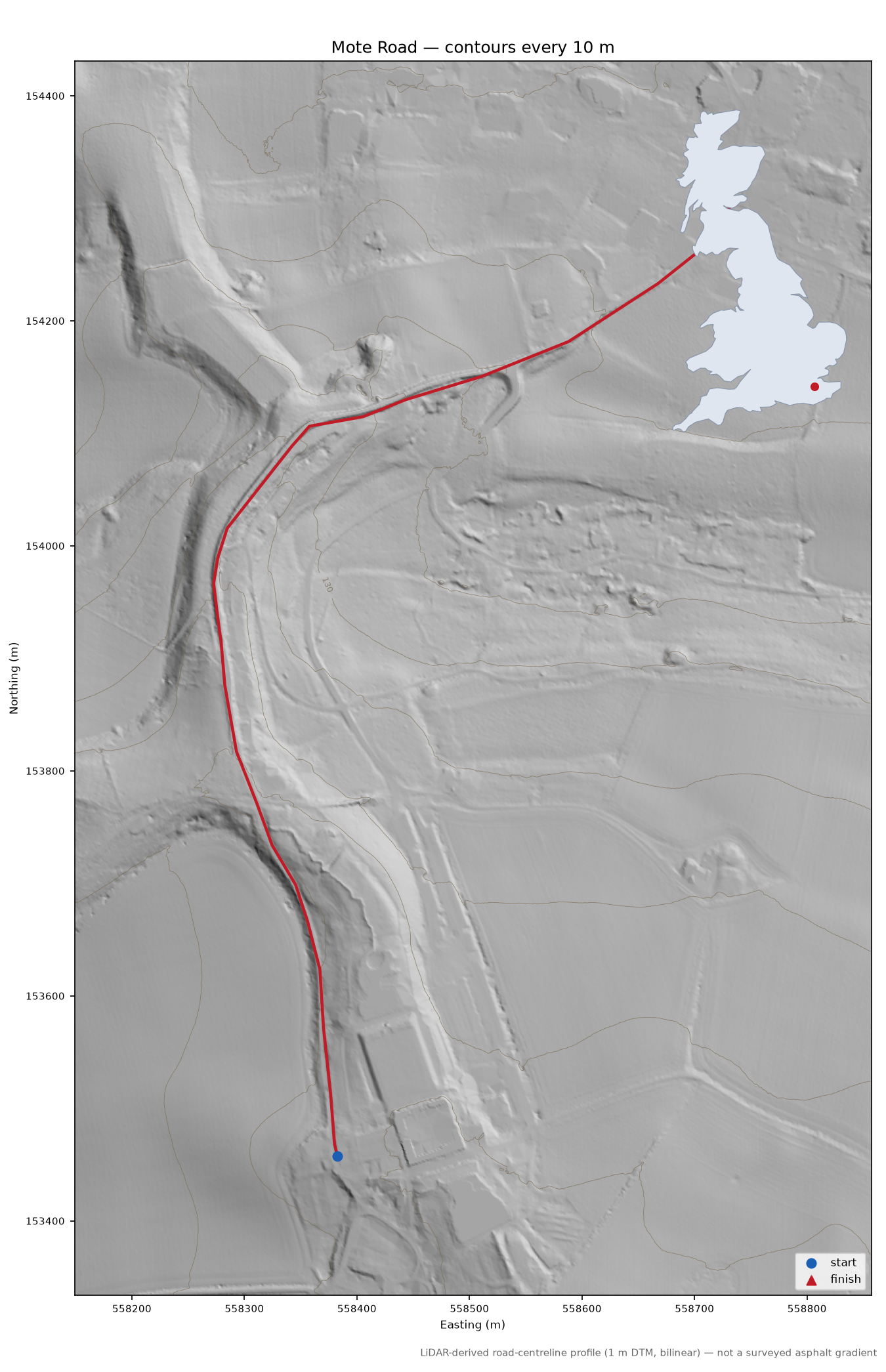 Mote Road LiDAR hillshade map with contours