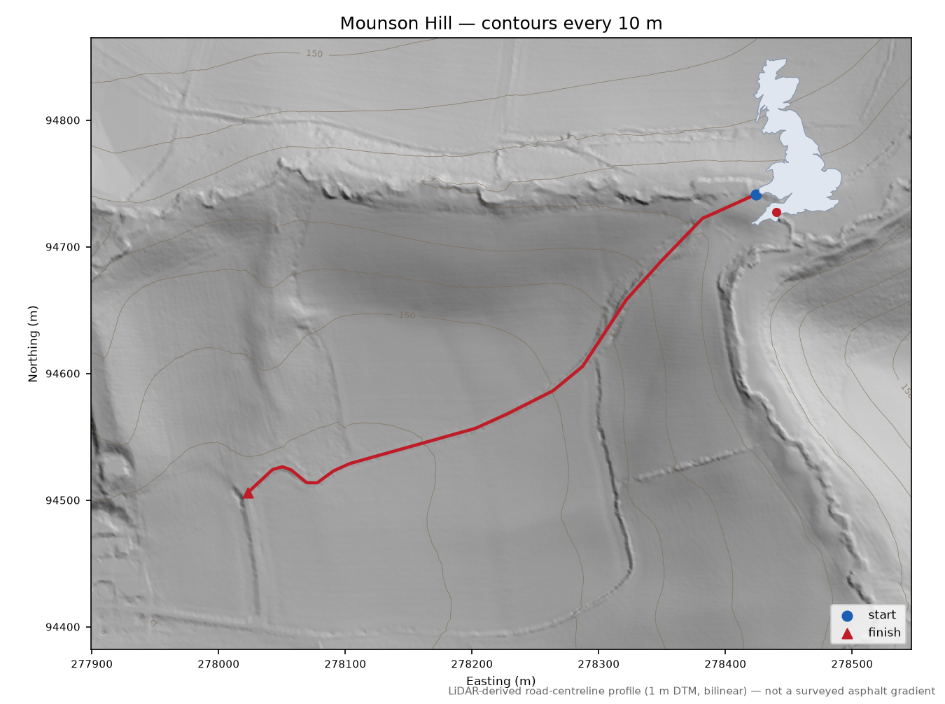 Mounson Hill LiDAR hillshade map with contours