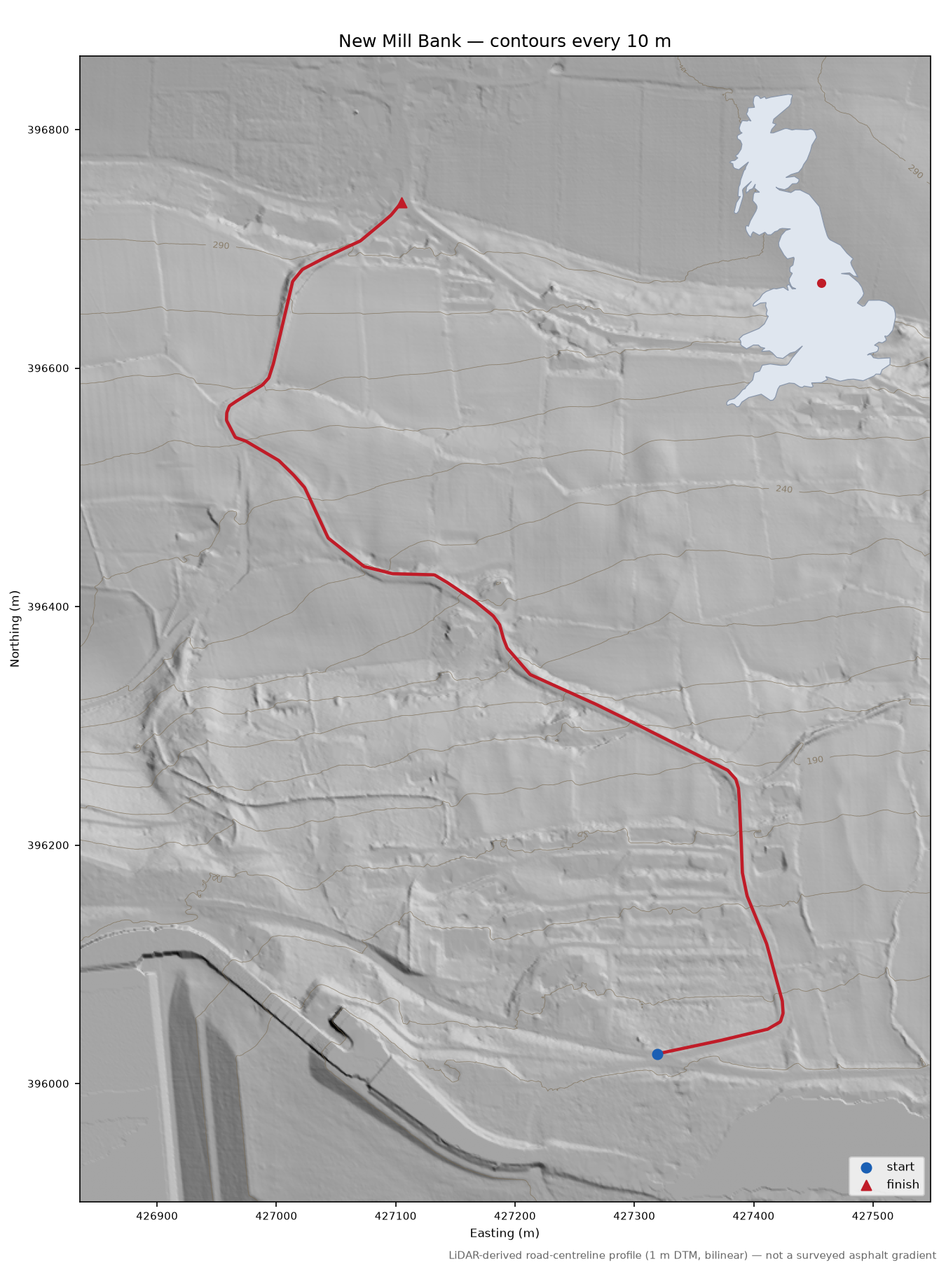 New Mill Bank LiDAR hillshade map with contours