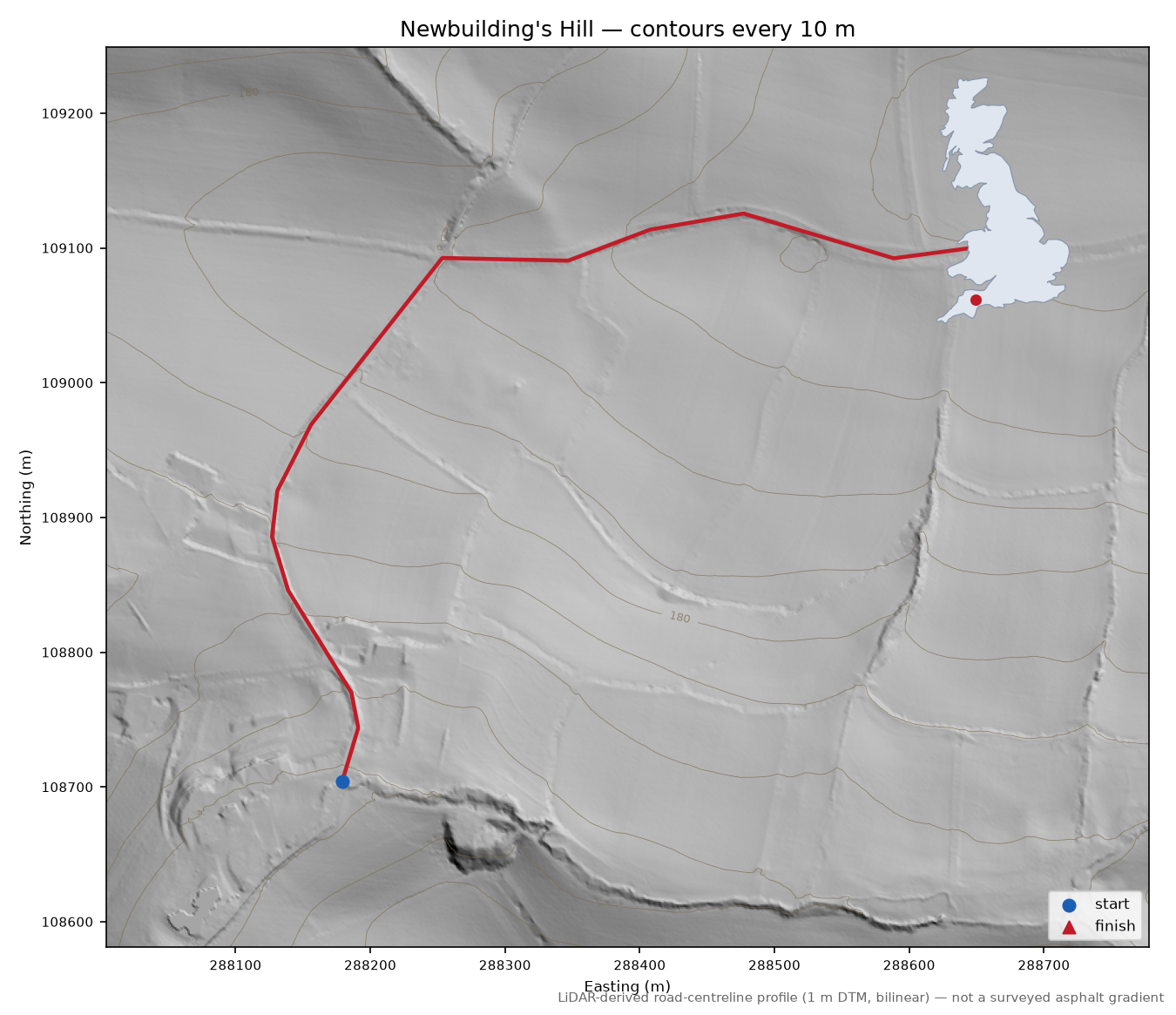 Newbuilding's Hill LiDAR hillshade map with contours