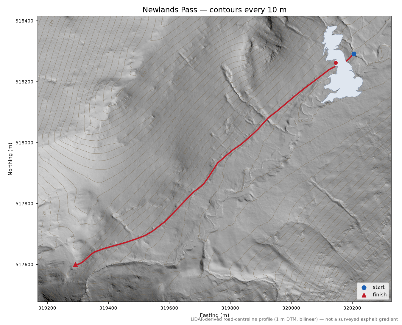 Newlands Pass LiDAR hillshade map with contours