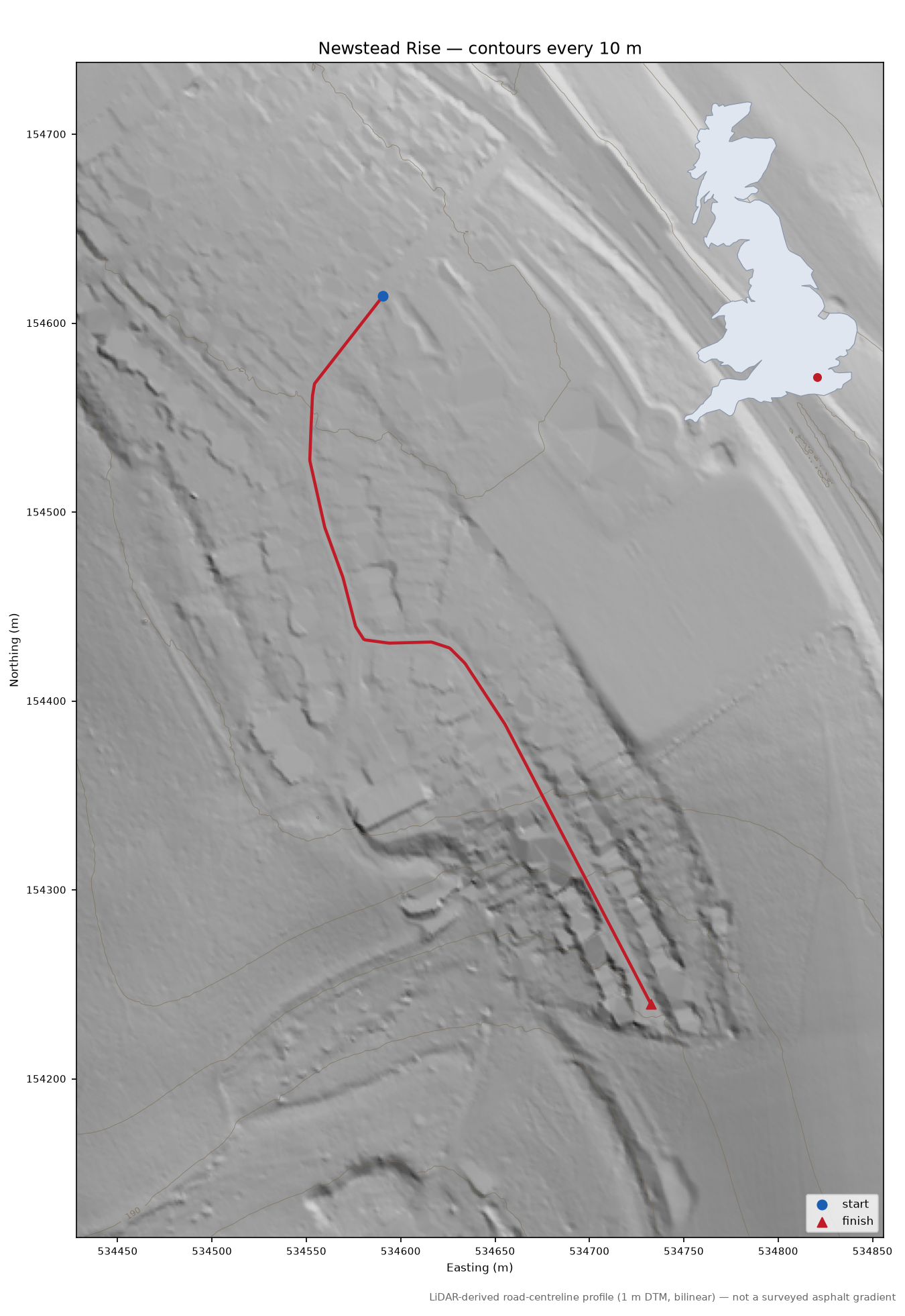 Newstead Rise LiDAR hillshade map with contours