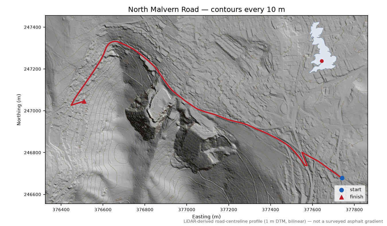 North Malvern Road LiDAR hillshade map with contours